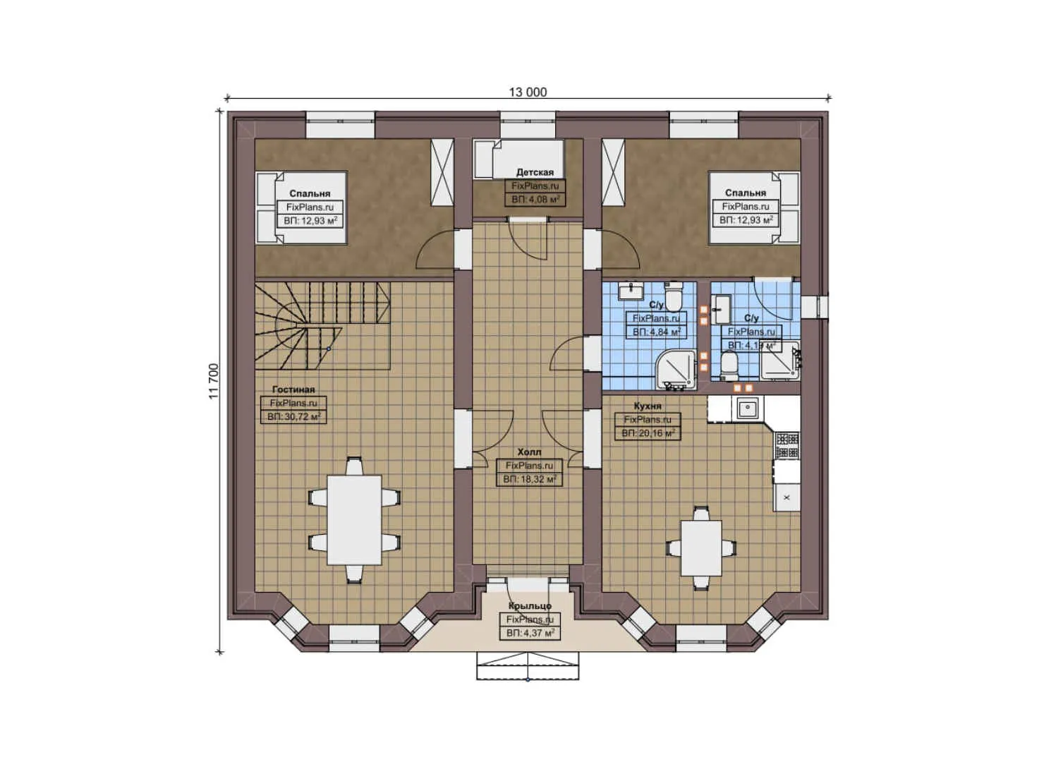 F-6893 - План одноэтажного дома 12 на 13, площадью 200 м² с цокольным этажом и 2 спальнями