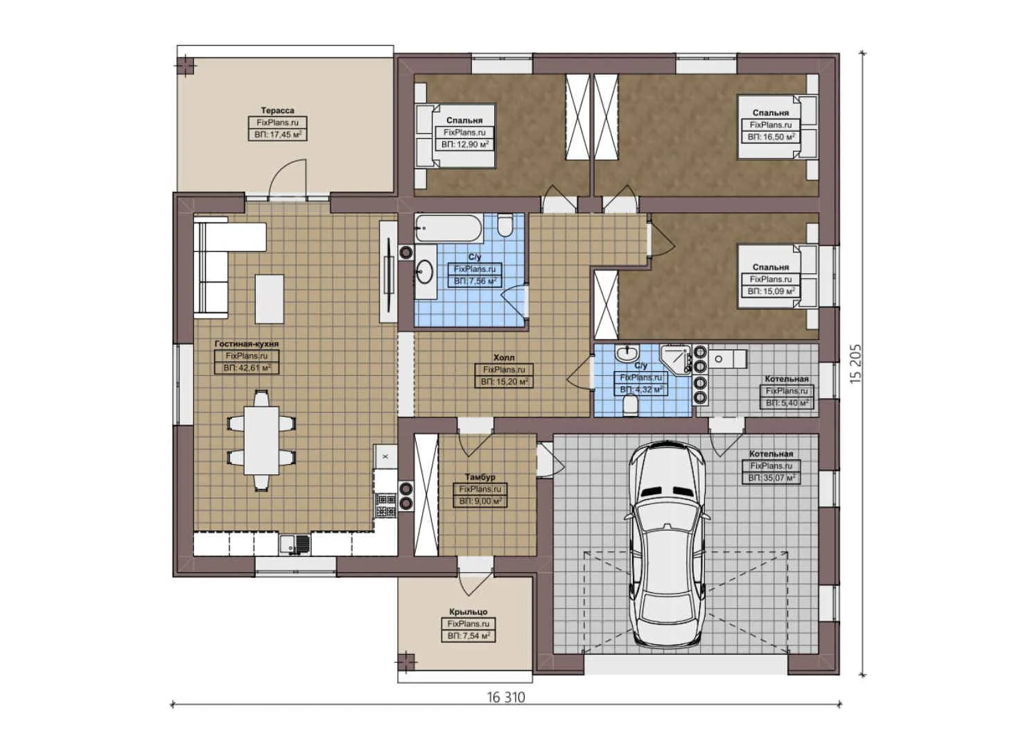 F-3464 - План одноэтажного дома 16 на 17, площадью 190 м² с террасой и 3 спальнями