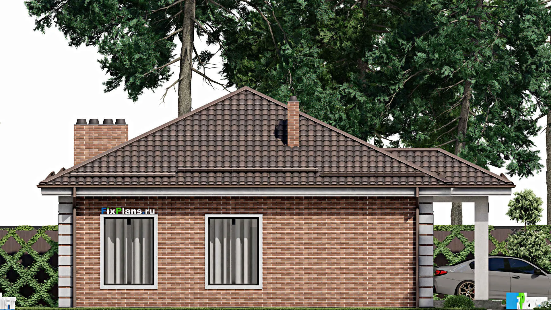 F-7928 - Проект одноэтажного дома 11 на 16, площадью 140 м² с баней, гаражом на 1 машину и 3 спальнями