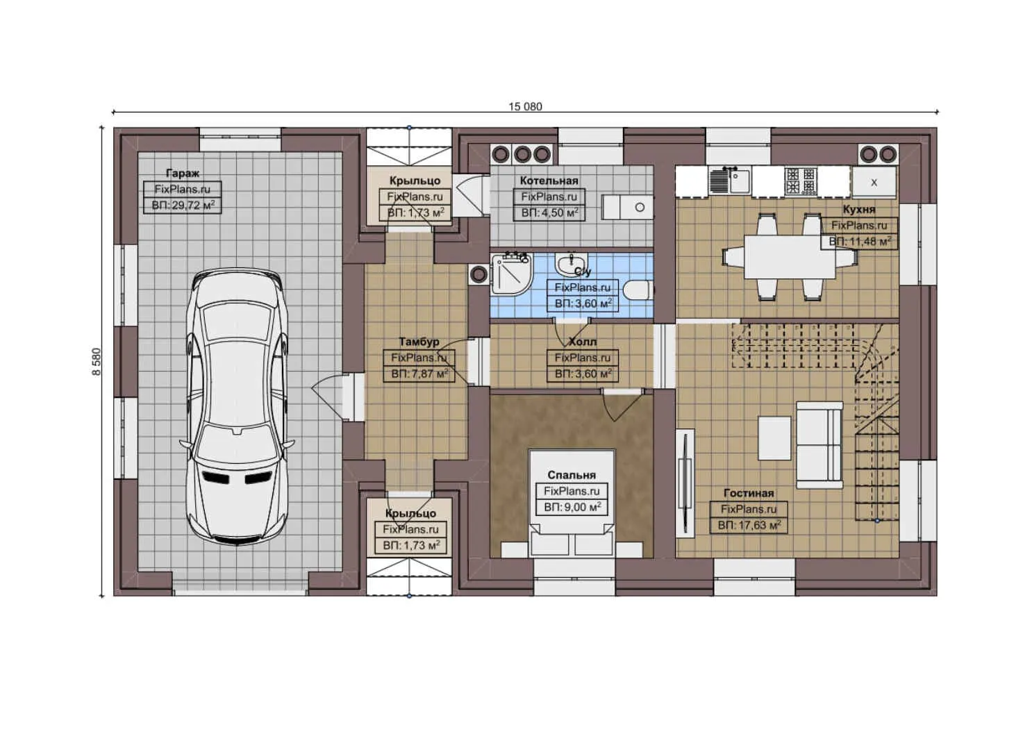 F-5165 - Планы дома с мансардой 9 на 16, площадью 190 м² с террасой, гаражом на 1 машину и 4 спальнями