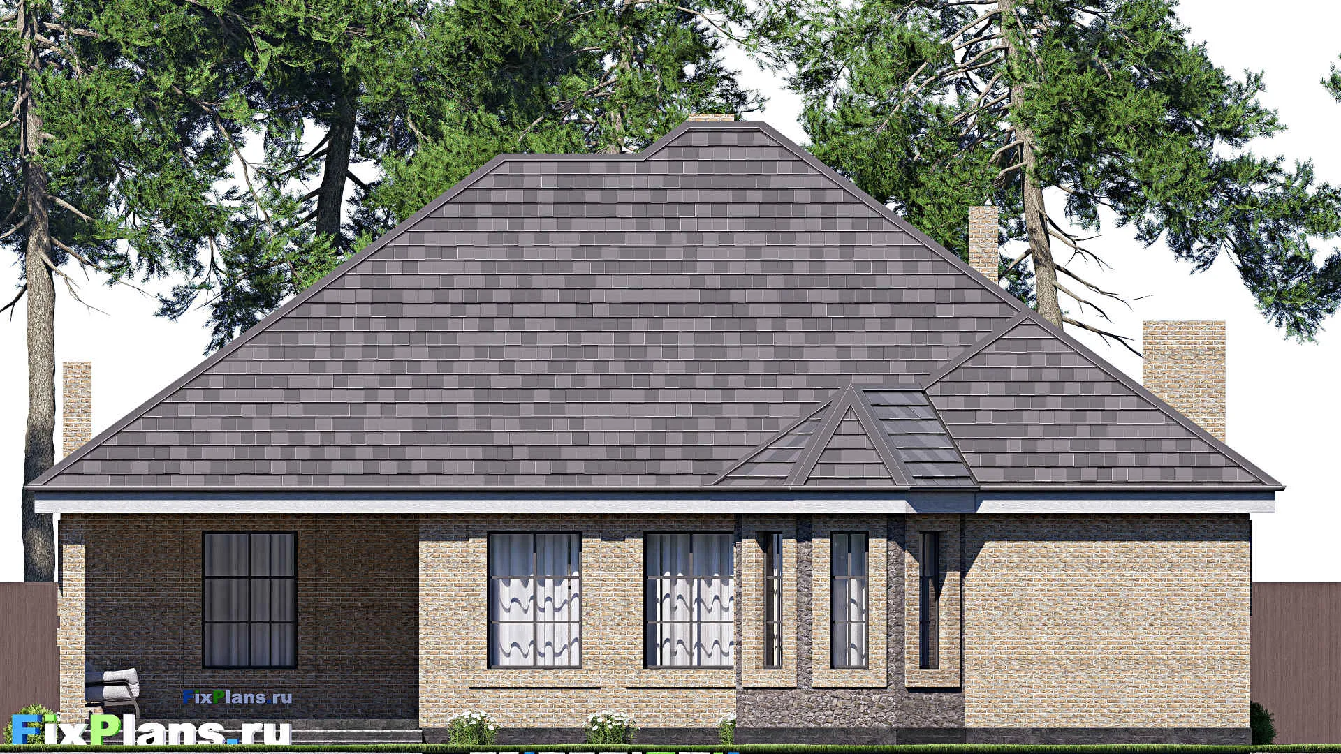 F-17189 - Проект одноэтажного дома 17 на 28, площадью 280 м² с террасой, гаражом на 2 машины и 3 спальнями