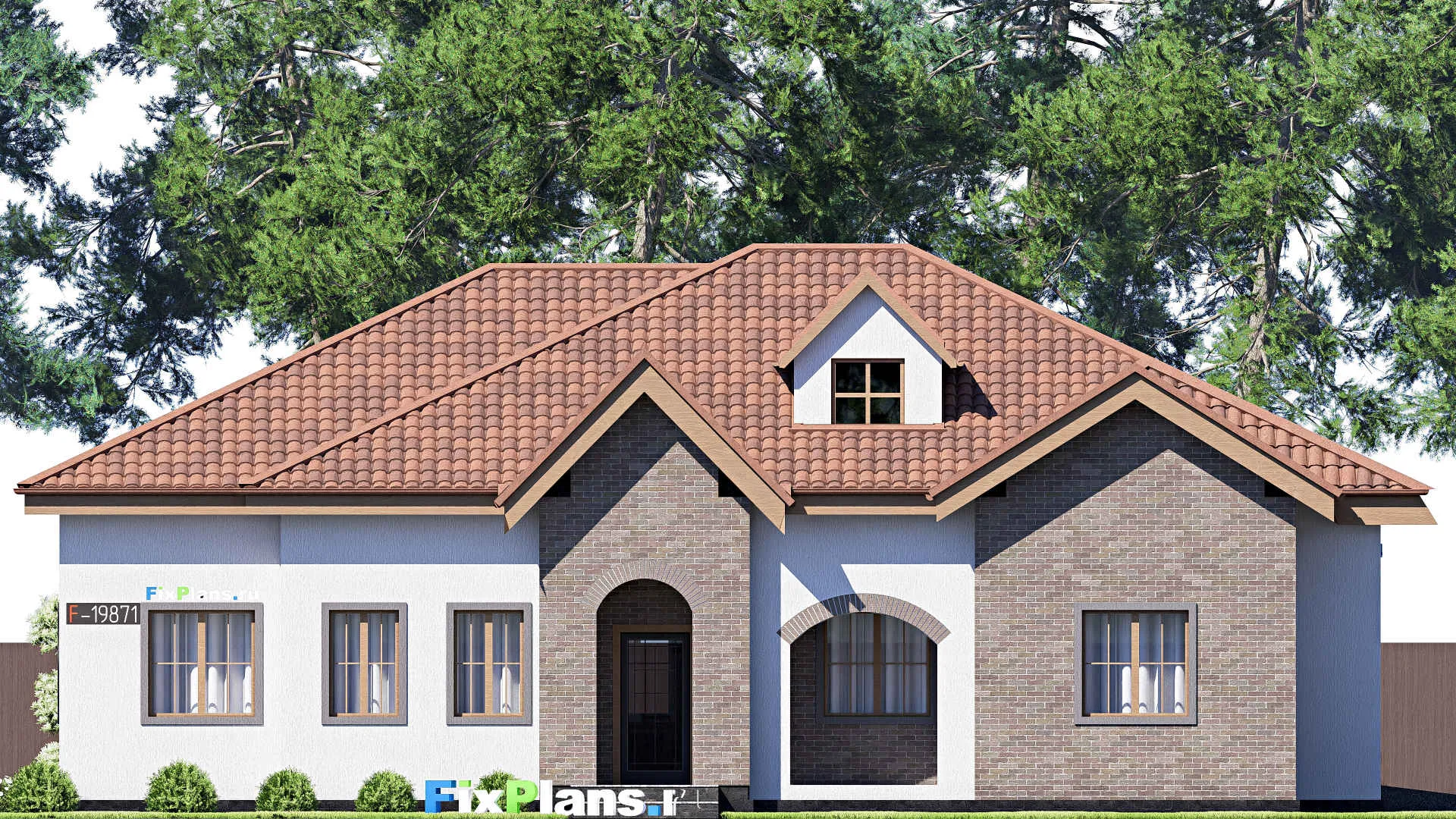 F-19871 - План одноэтажного дома 18 на 20, площадью 250 м² с террасой, гаражом на 2 машины и 3 спальнями