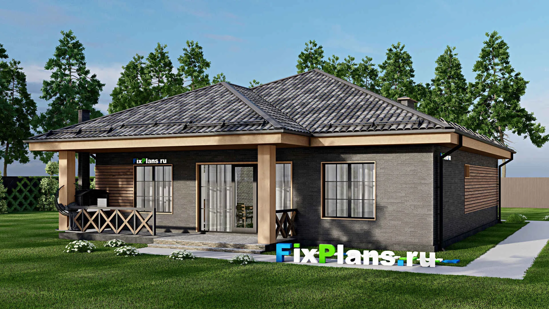 F-7829 - Проект одноэтажного дома 14 на 15, площадью 170 м² с террасой и 4 спальнями