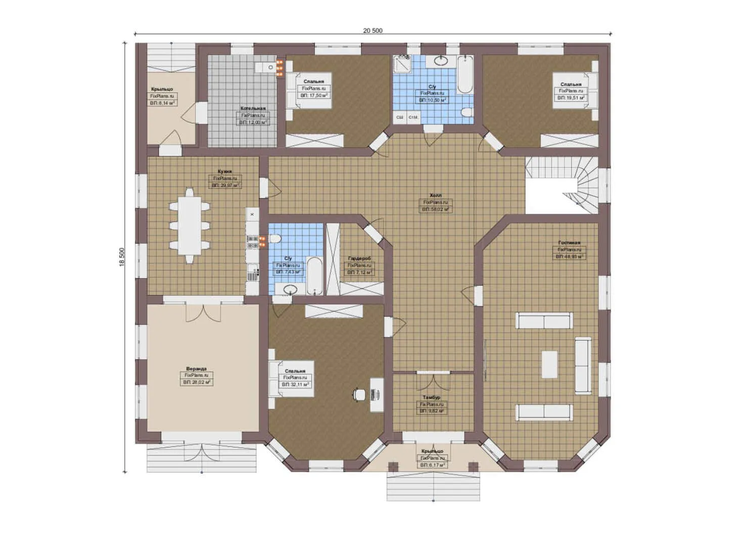 F-13940 - План одноэтажного дома 19 на 21, площадью 380 м² с террасой, цокольным этажом и 3 спальнями
