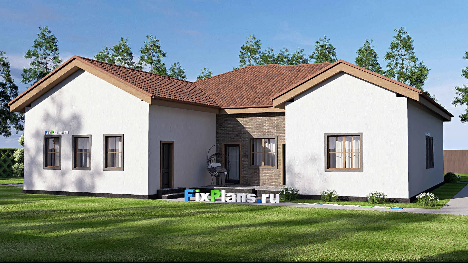 F-19871 - План одноэтажного дома 18 на 20, площадью 250 м² с террасой, гаражом на 2 машины и 3 спальнями