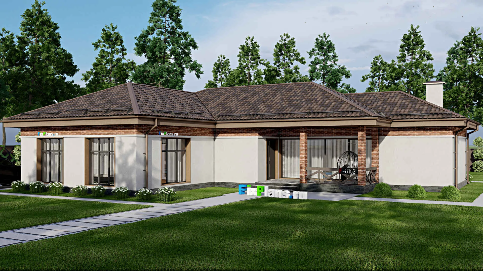 F-8162 - Проект одноэтажного дома 16 на 21, площадью 190 м² с террасой, баней, бассейном и 2 спальнями