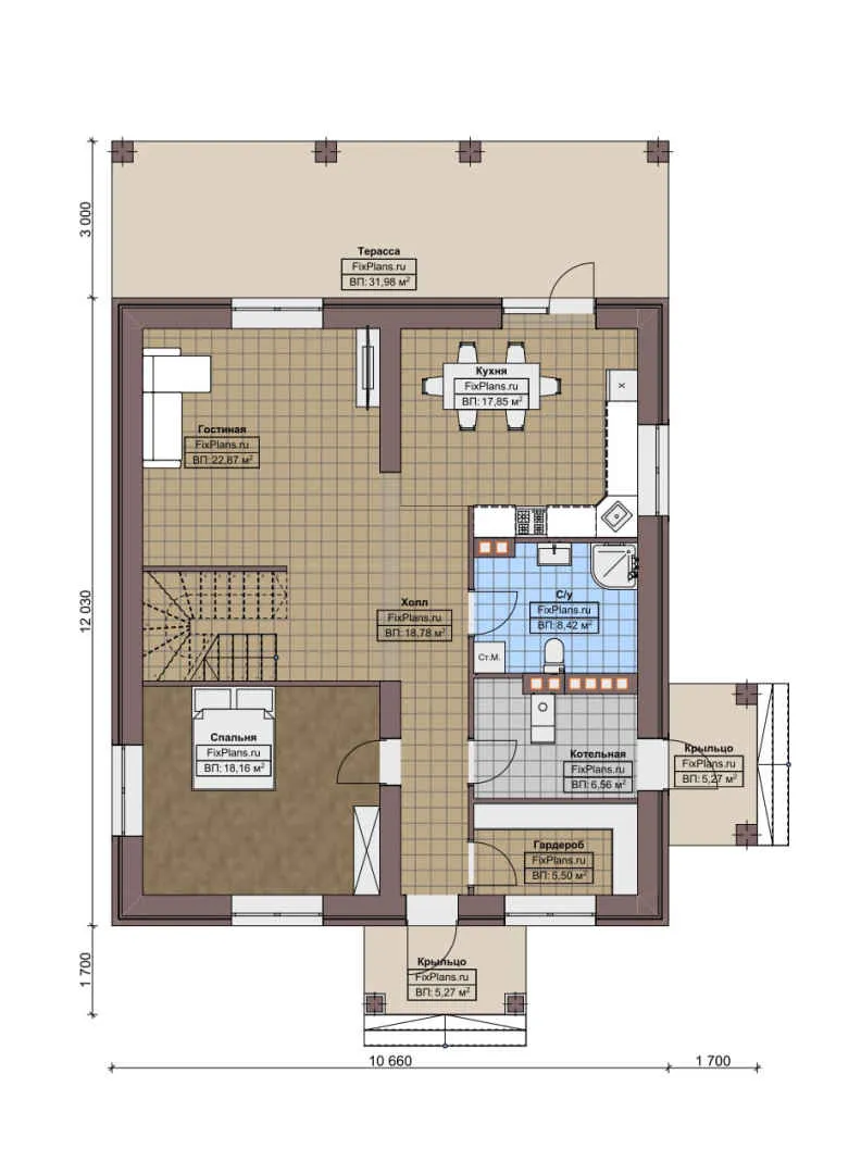 F-6056 - Планы двухэтажного дома 11 на 13, площадью 240 м² с террасой и 4 спальнями
