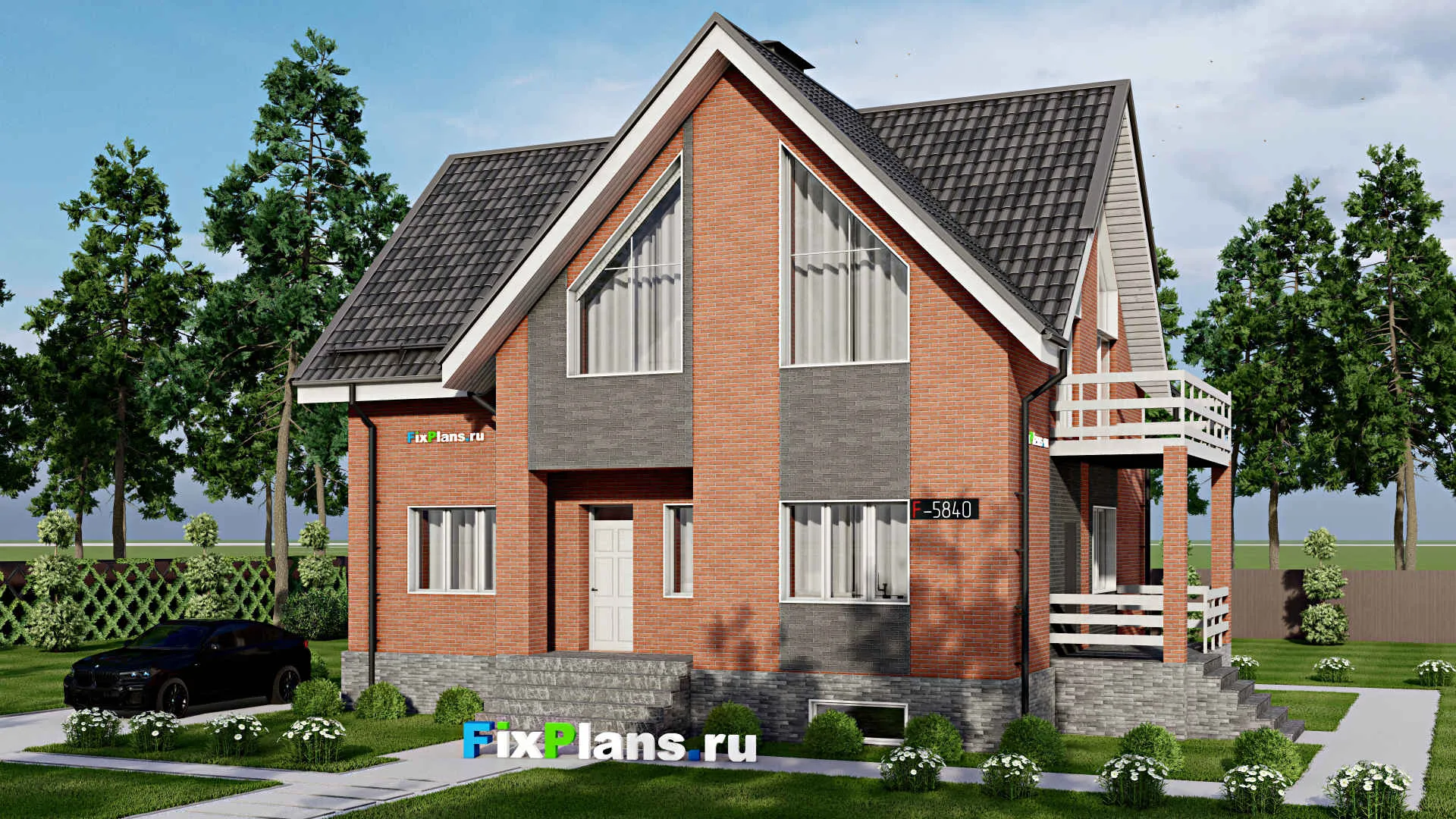 F-5840 - Проект дома с мансардой 11 на 13, площадью 270 м² с террасой, балконом, цокольным этажом и 6 спальнями