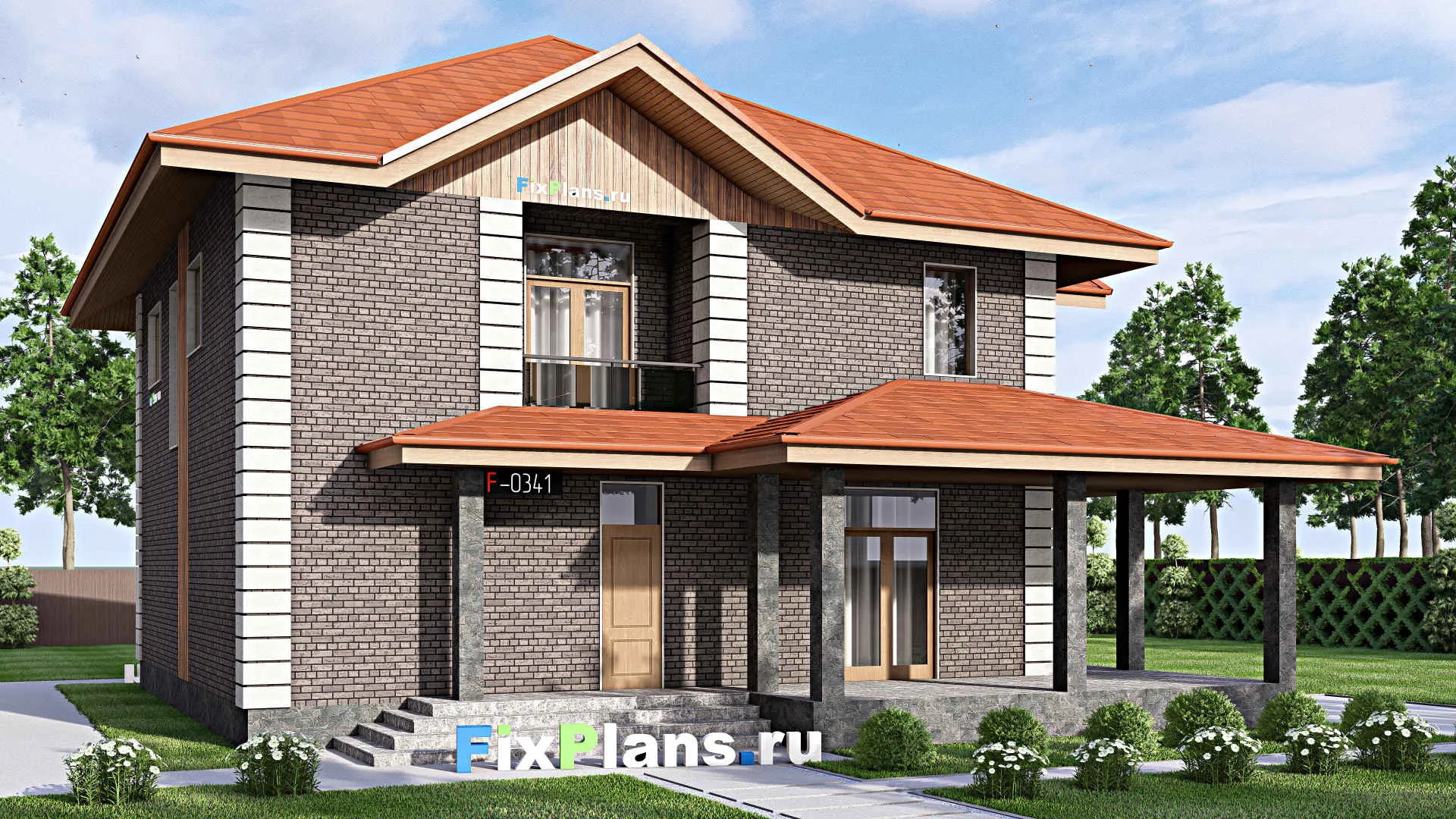 F-0341 - Проект двухэтажного дома 14 на 15, площадью 250 м² с террасой, балконом и 4 спальнями