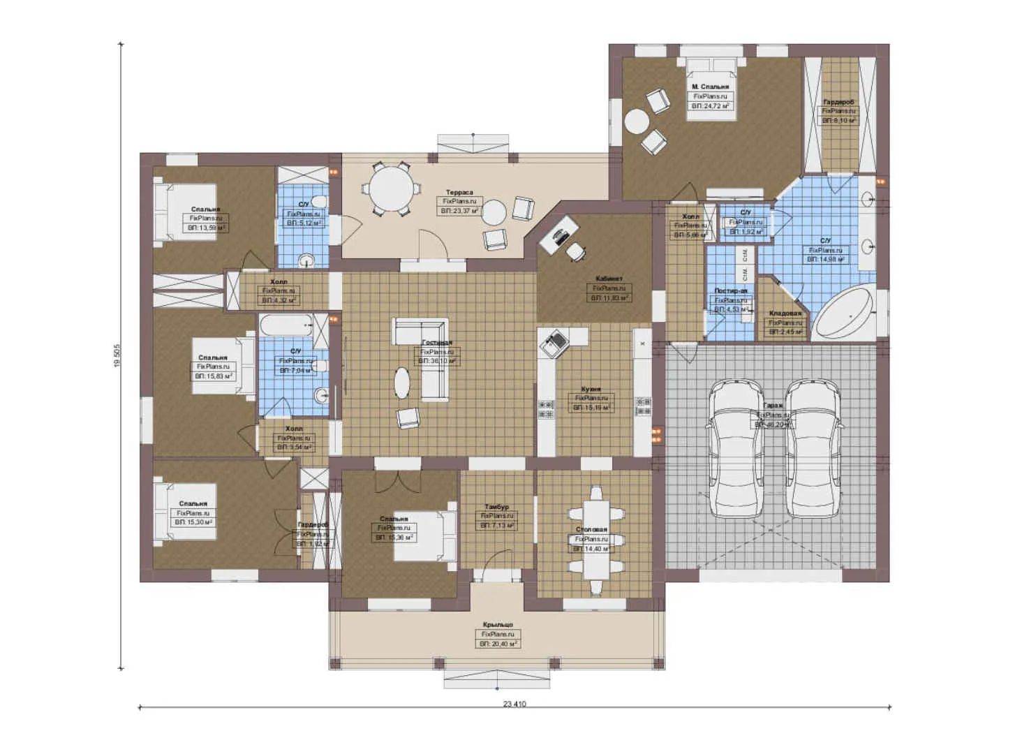 F-20096 - План одноэтажного дома 20 на 24, площадью 320 м² с террасой, гаражом на 2 машины и 5 спальнями