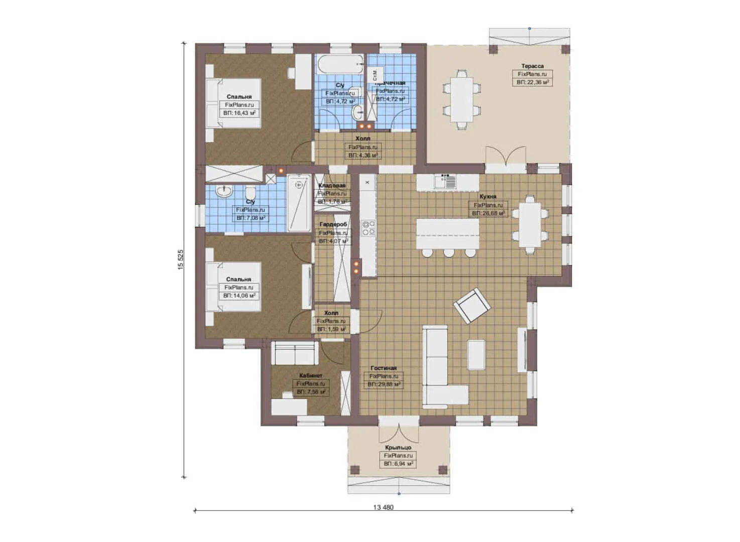 F-16424 - План одноэтажного дома 14 на 16, площадью 160 м² с 2 спальнями