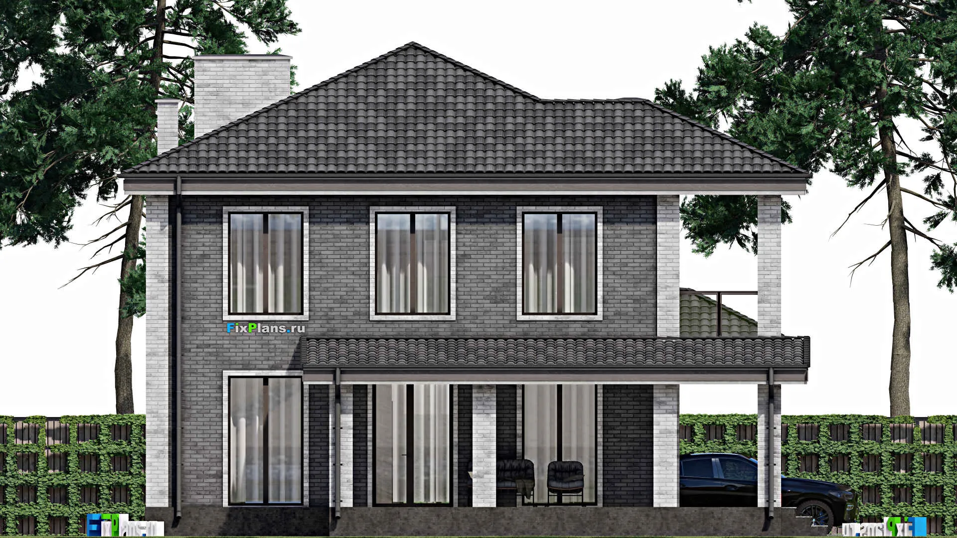 F-1646 - Проект двухэтажного дома 11 на 13, площадью 250 м² с террасой, балконом и 4 спальнями