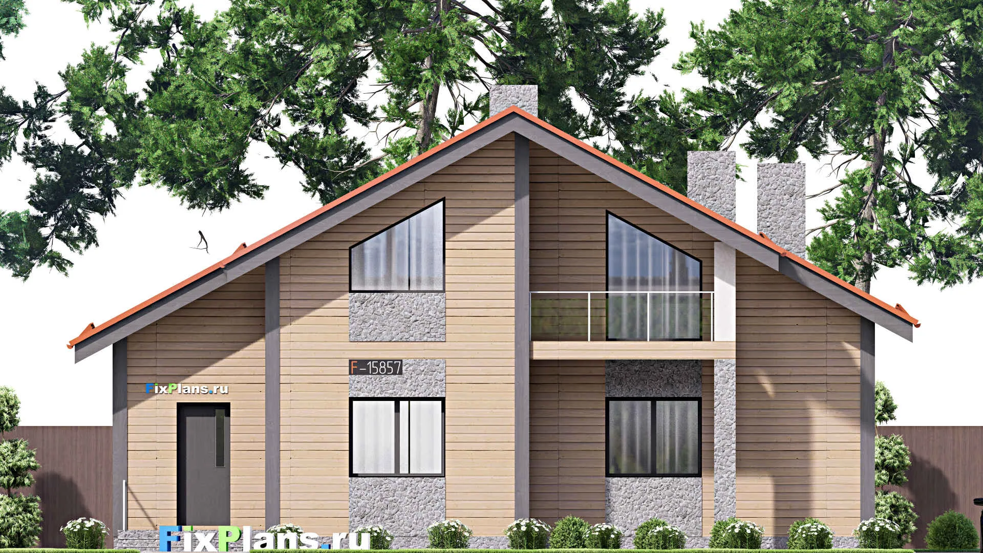 F-15857 - Проект дома с мансардой 12 на 15, площадью 190 м² с террасой, балконом и 3 спальнями