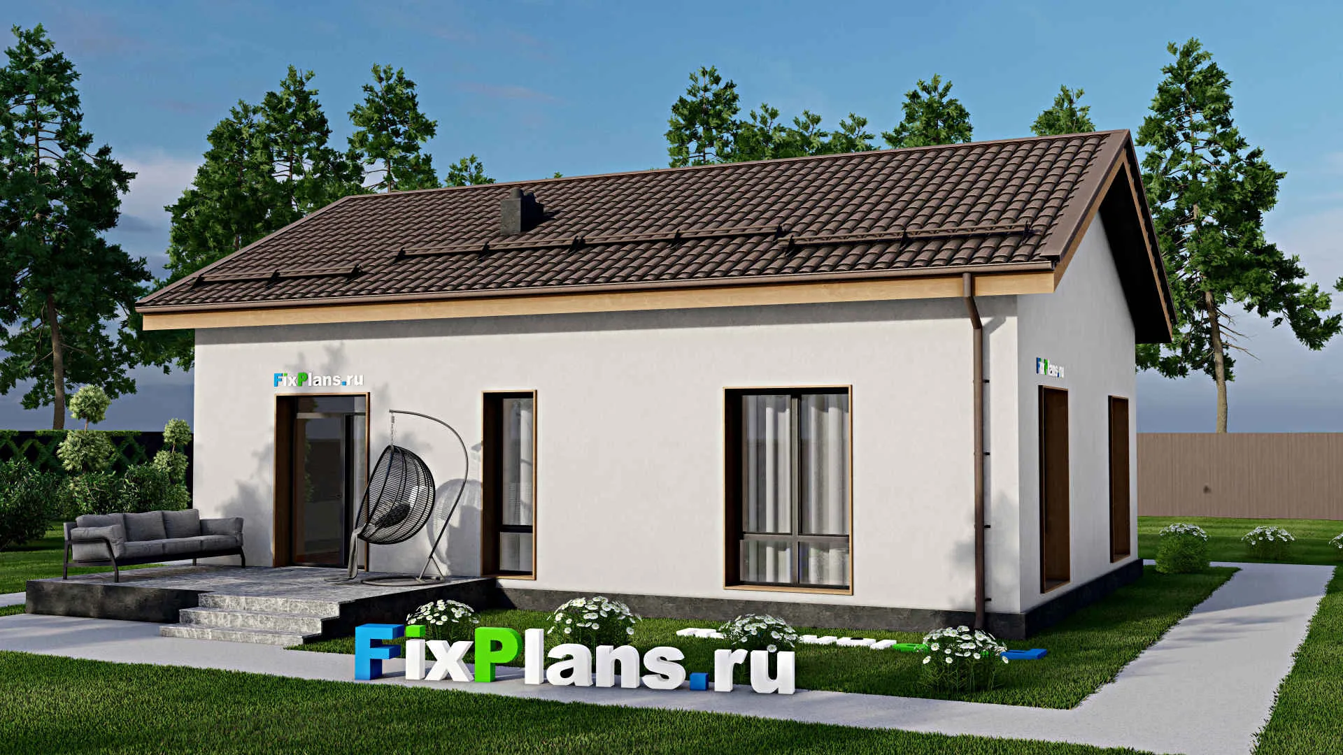 F-3005 - Проект одноэтажного дома 9 на 12, площадью 100 м² с террасой и 2 спальнями