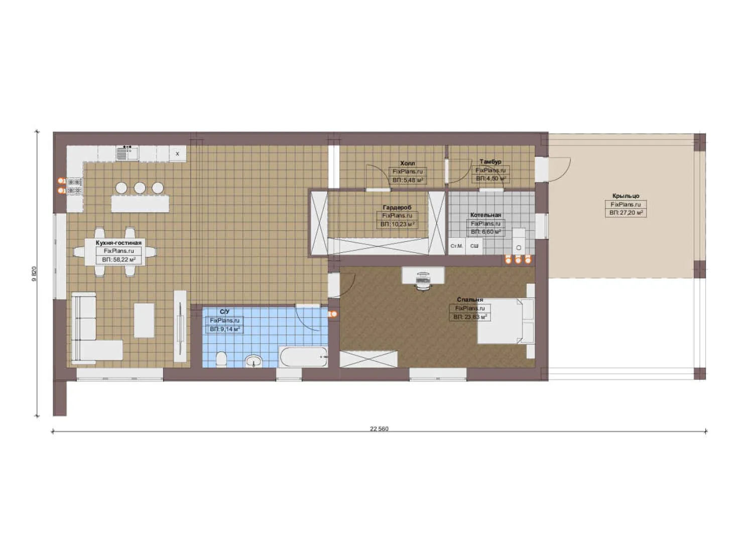 F-19313 - План одноэтажного дома 10 на 23, площадью 150 м² с 1 спальнями