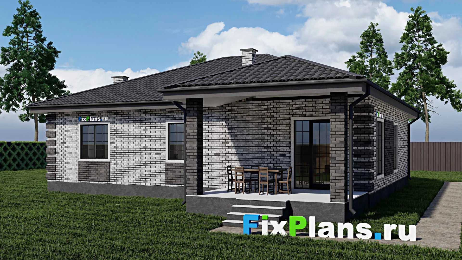 F-0845i - Проект одноэтажного дома 14 на 14, площадью 160 м² с террасой и 3 спальнями