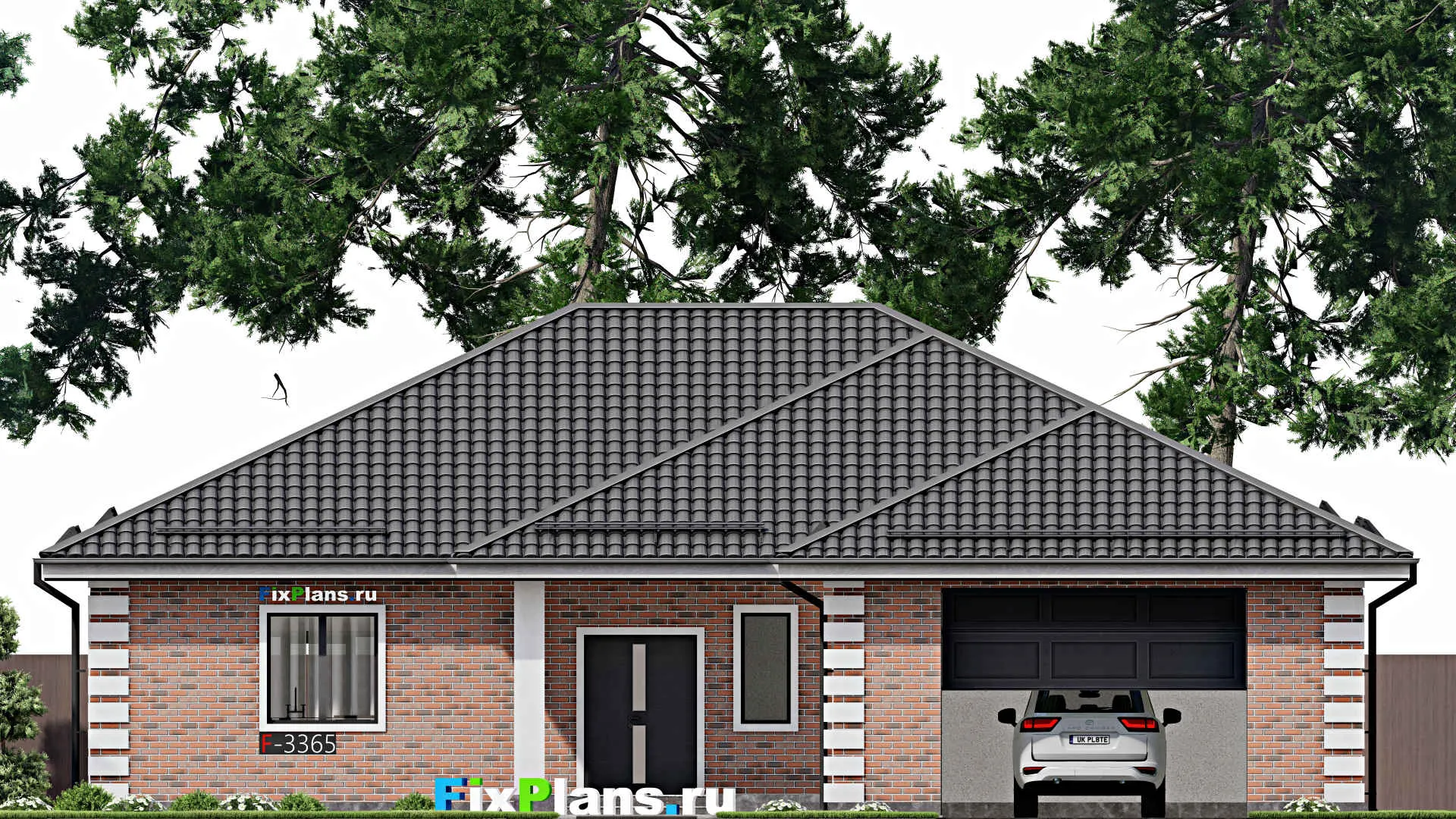 F-3365 - План одноэтажного дома 17 на 20, площадью 230 м² с террасой, гаражом на 2 машины и 3 спальнями