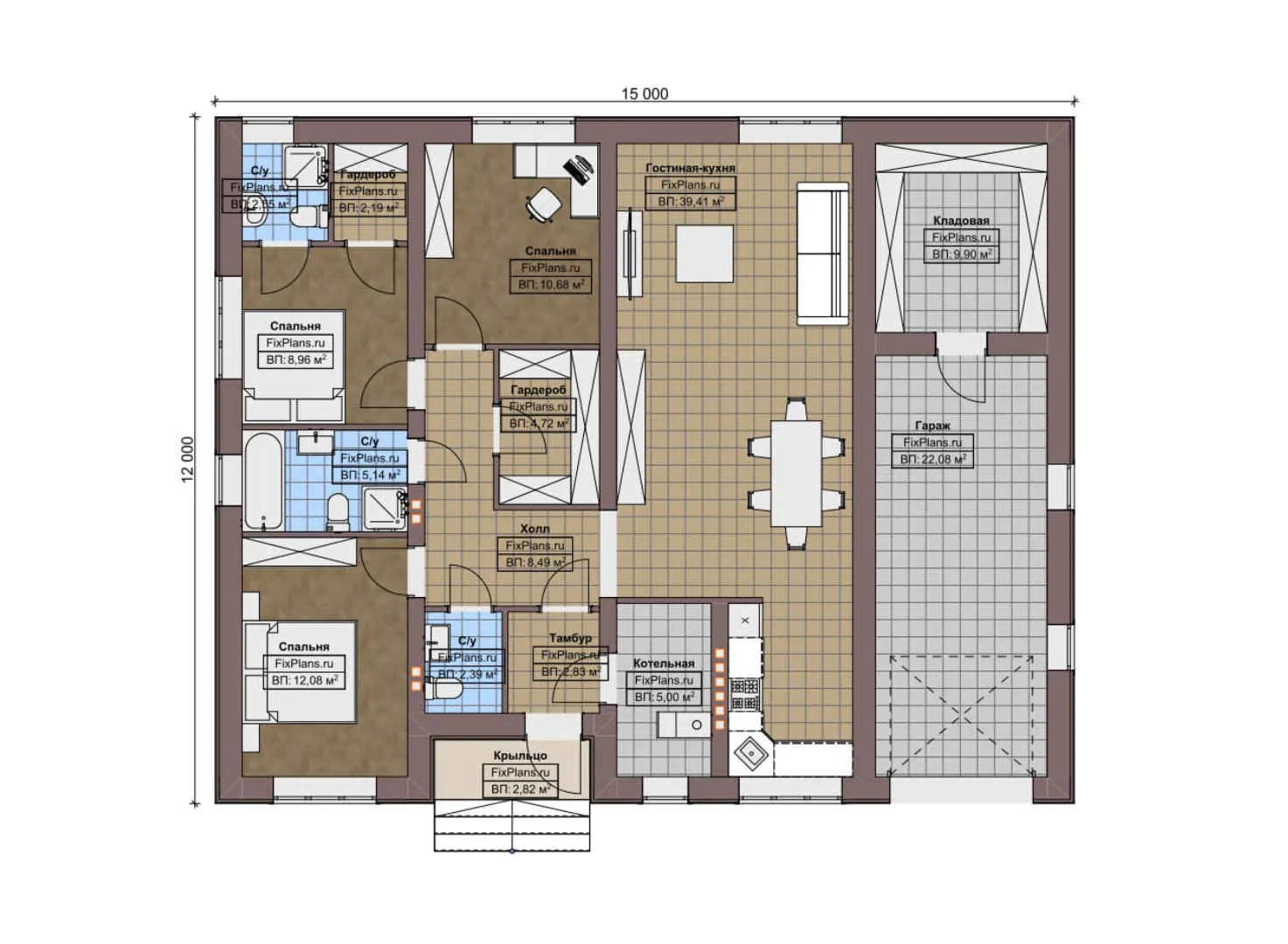 F-7820 - План одноэтажного дома 12 на 15, площадью 140 м² с гаражом на 1 машину и 3 спальнями
