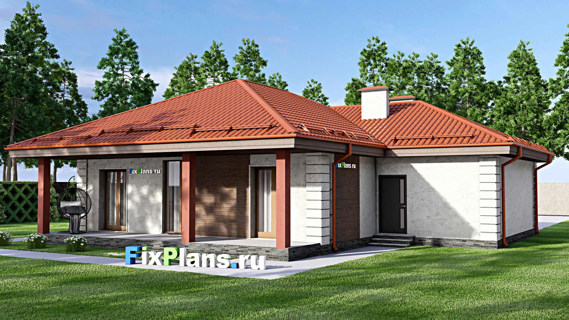 F-13877 - Проект одноэтажного дома 16 на 16, площадью 170 м² с террасой, гаражом на 1 машину и 3 спальнями