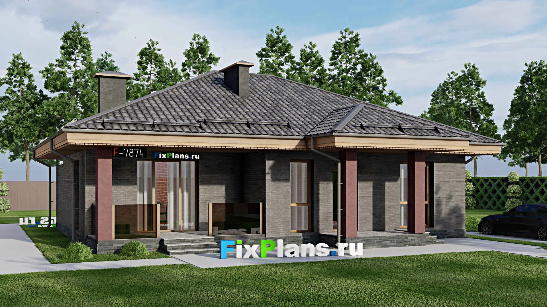 F-7874 - Проект одноэтажного дома 11 на 14, площадью 120 м² с террасой и 3 спальнями