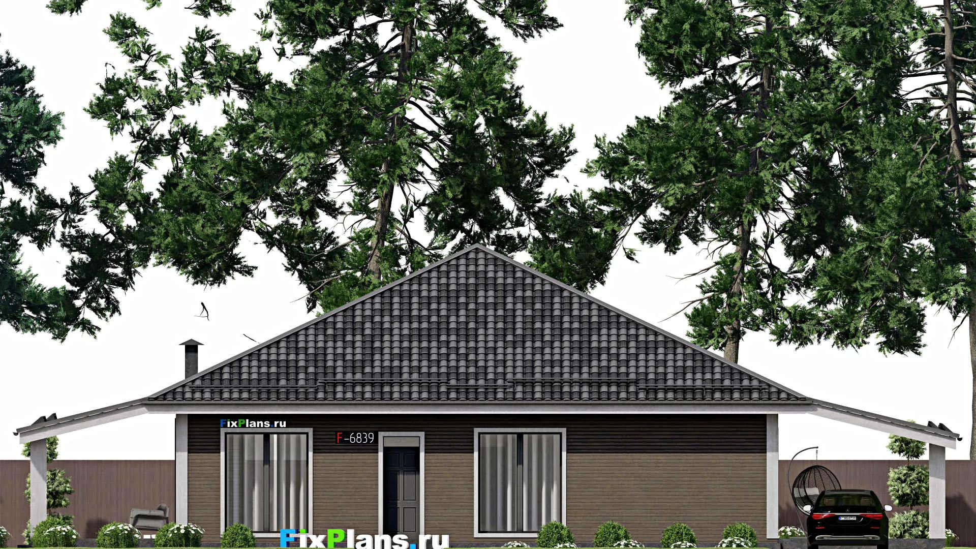 F-6839 - Проект одноэтажного дома 14 на 14, площадью 270 м² с террасой и 3 спальнями