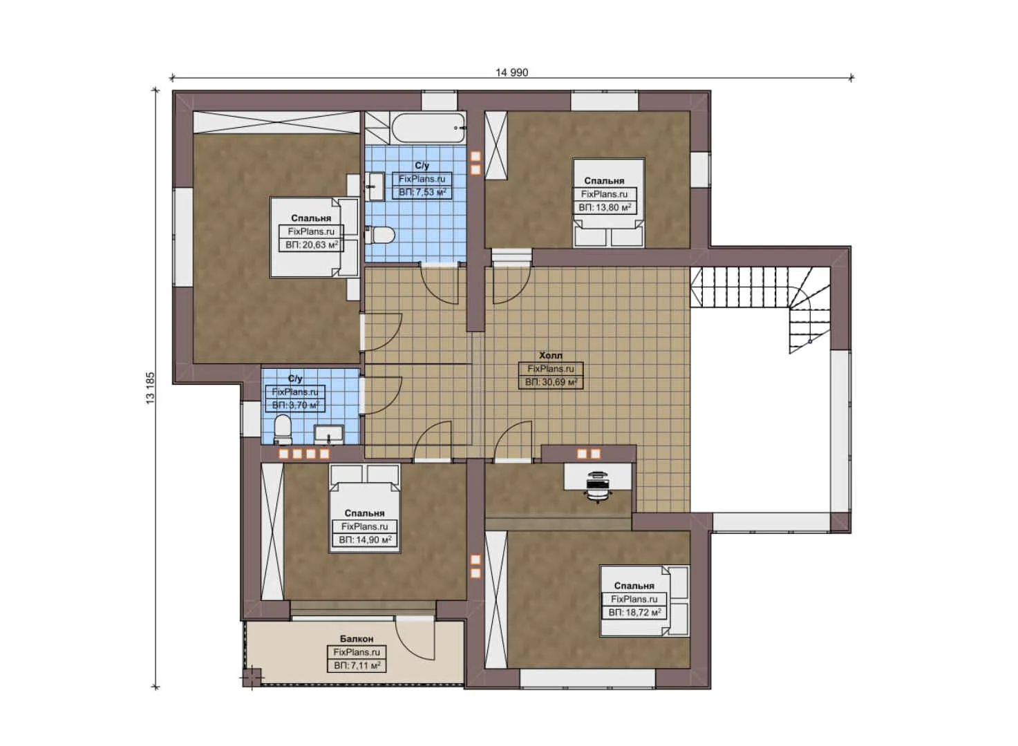 F-10565 - Планы двухэтажного дома 14 на 15, площадью 250 м² с балконом и 5 спальнями