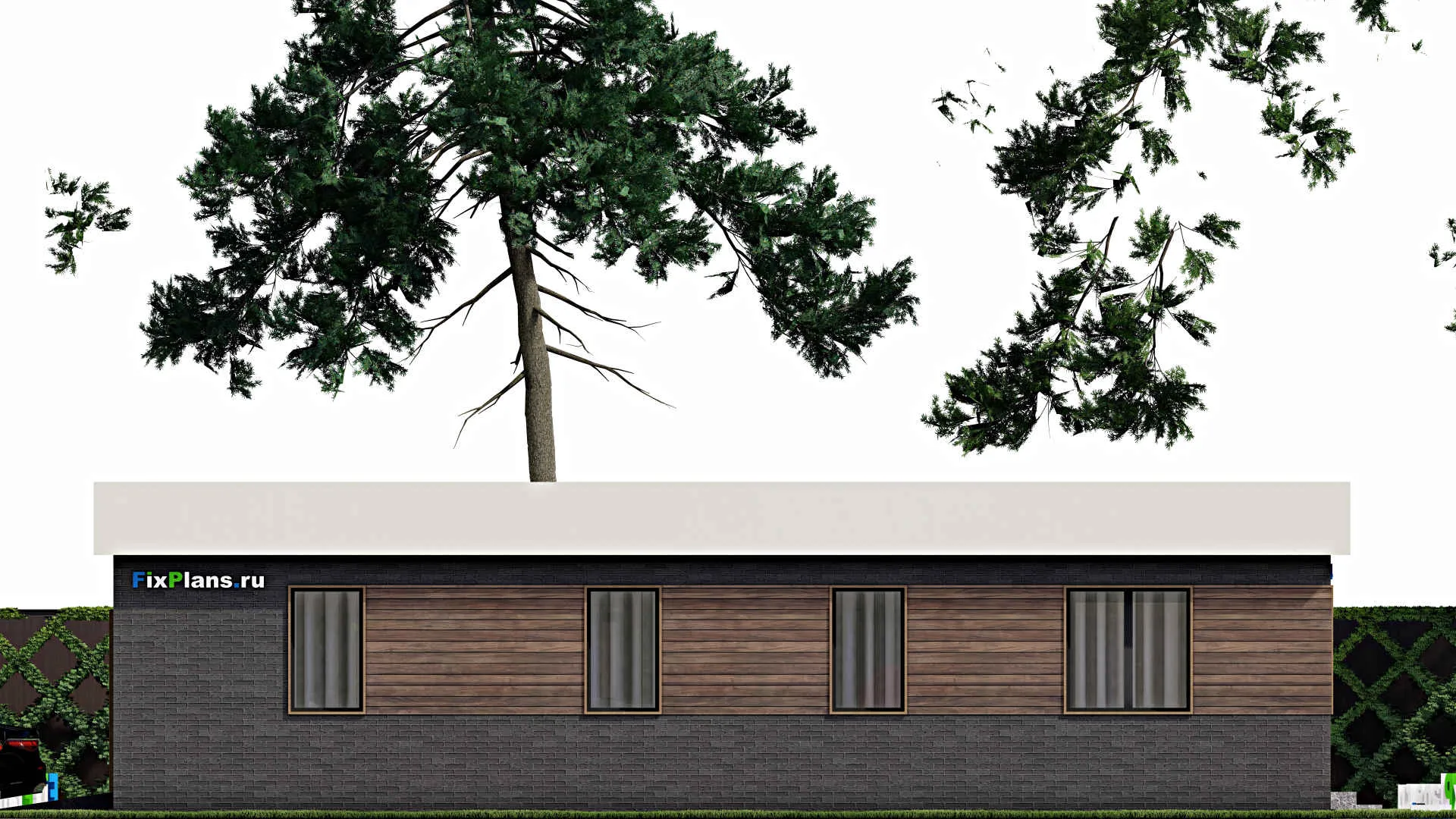 F-4976 - План одноэтажного дома 15 на 20, площадью 210 м² с террасой, гаражом на 2 машины и 3 спальнями