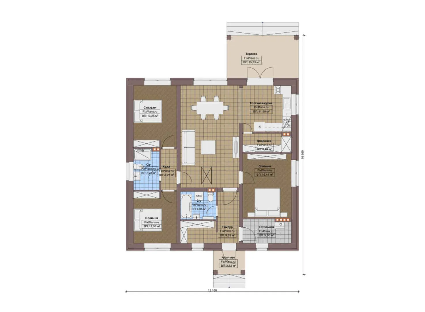 F-12455 - План одноэтажного дома 13 на 17, площадью 140 м² с террасой и 3 спальнями
