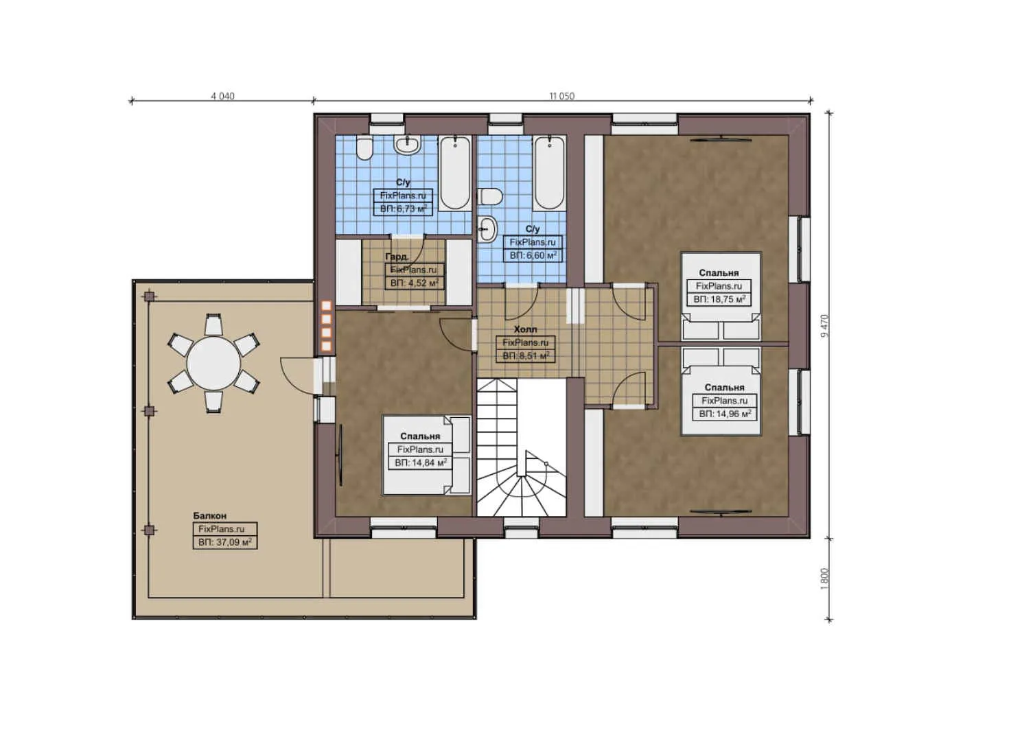 F-2438 - Планы двухэтажного дома 12 на 16, площадью 250 м² с террасой, балконом, гаражом на 1 машину и 4 спальнями