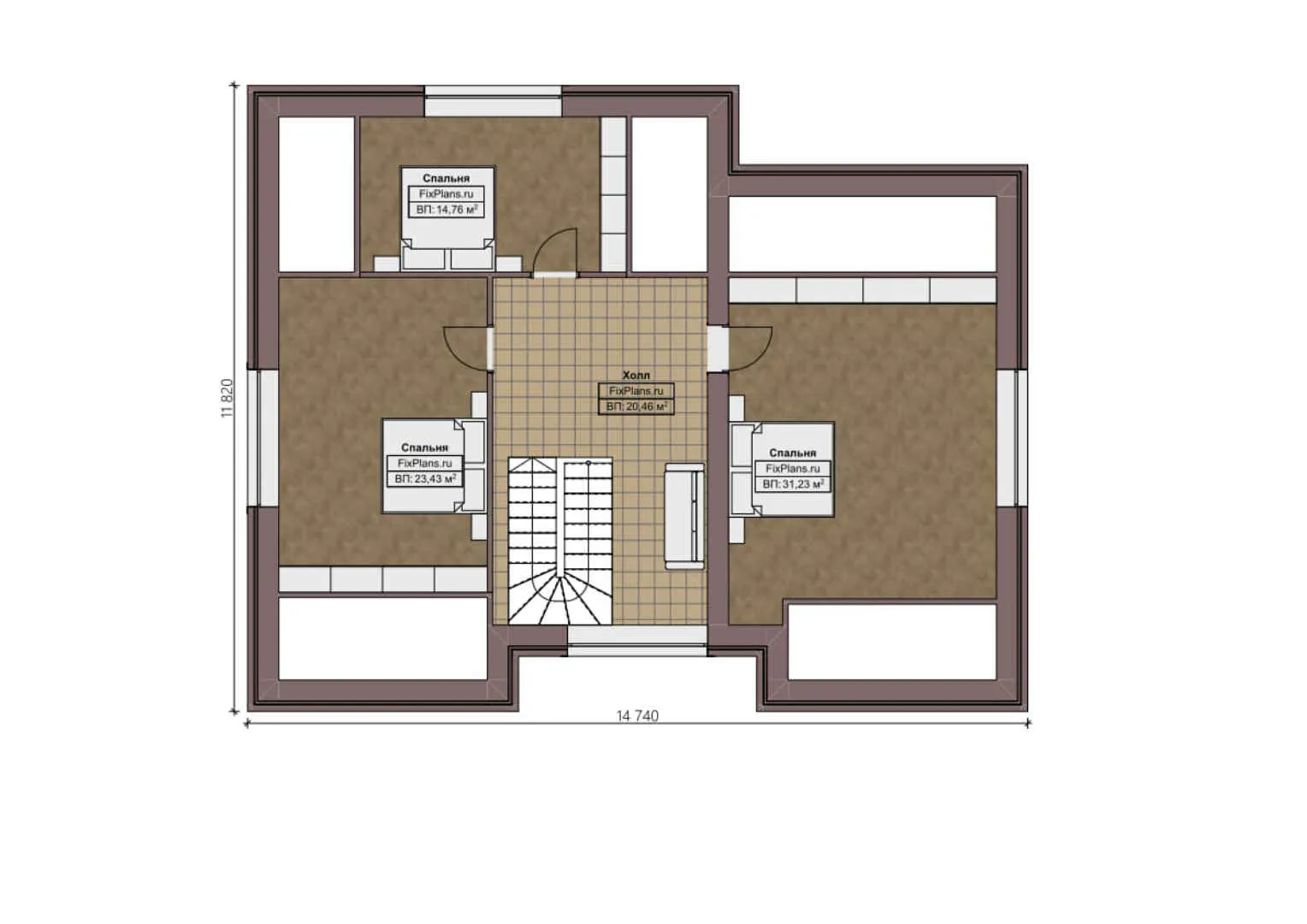 F-1007 - Планы дома с мансардой 12 на 15, площадью 230 м² с 6 спальнями