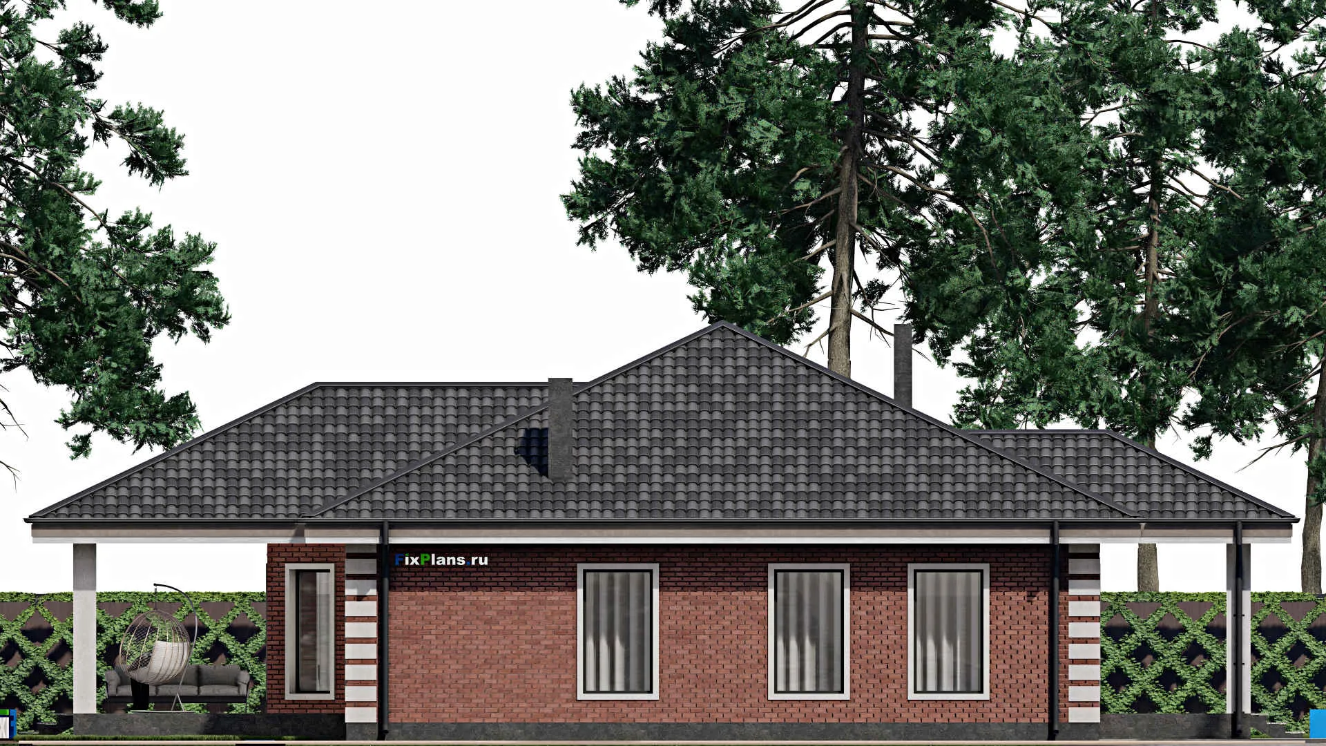 F-1358 - Проект одноэтажного дома 13 на 20, площадью 240 м² с террасой, гаражом на 1 машину и 2 спальнями