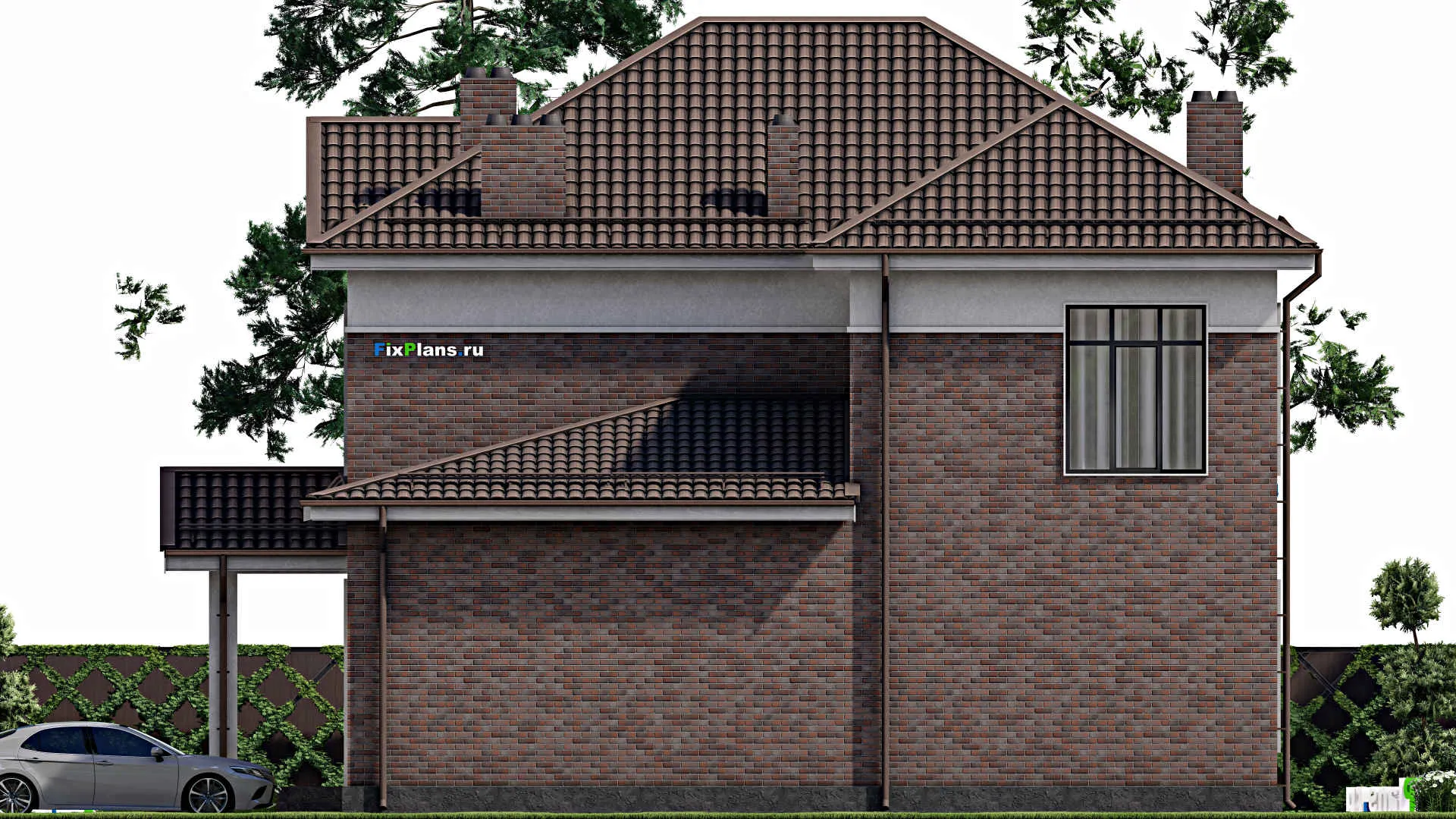 F-2537 - Проект двухэтажного дома 14 на 15, площадью 300 м² с террасой, гаражом на 1 машину и 5 спальнями