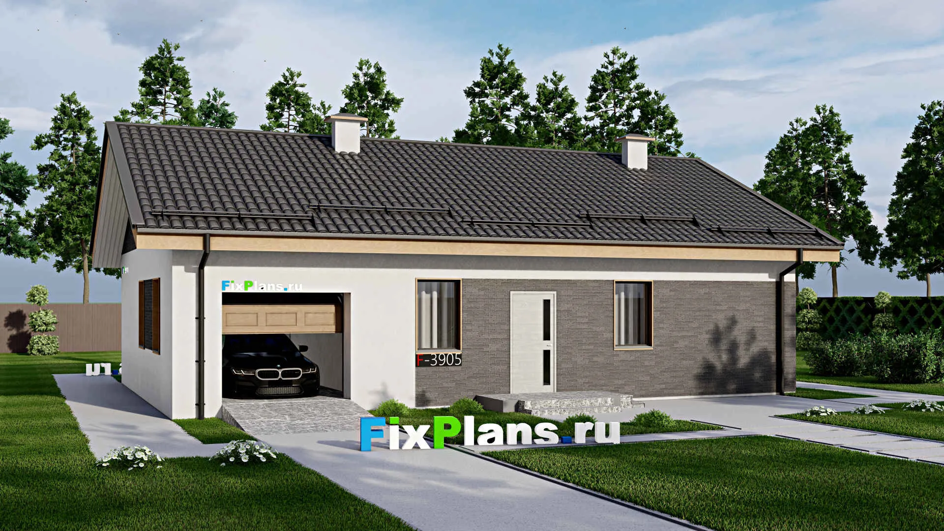 F-3905 - Проект одноэтажного дома 10 на 15, площадью 120 м² с гаражом на 1 машину и 1 спальнями