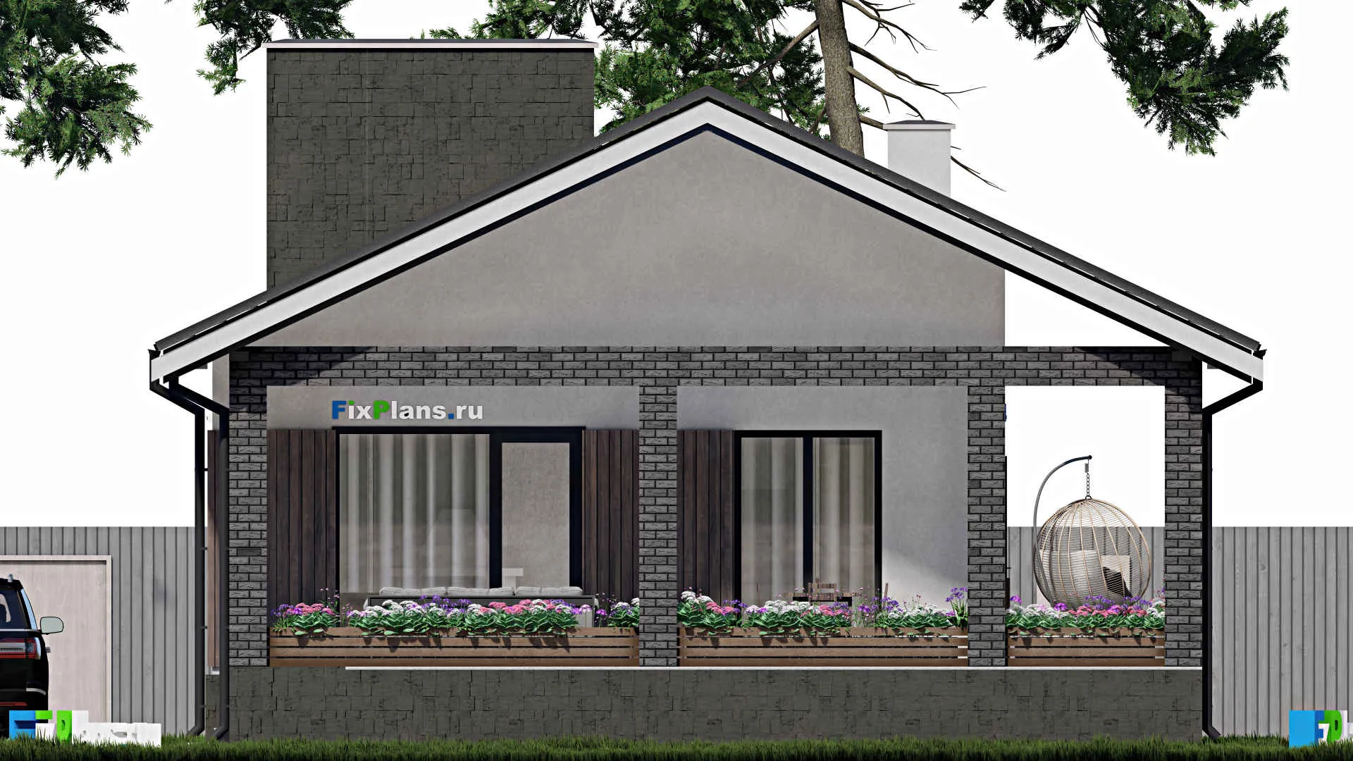 F-0980 - Проект одноэтажного дома 9 на 12, площадью 120 м² с террасой и 2 спальнями