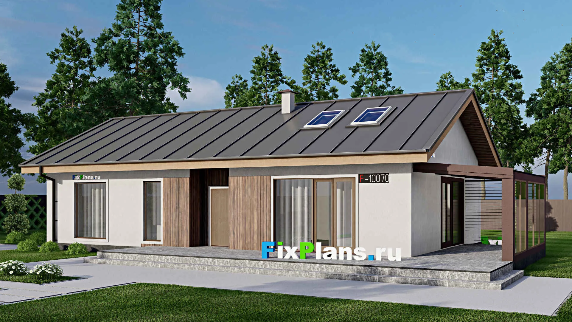 F-10070 - Проект одноэтажного дома 13 на 19, площадью 170 м² с террасой и 2 спальнями