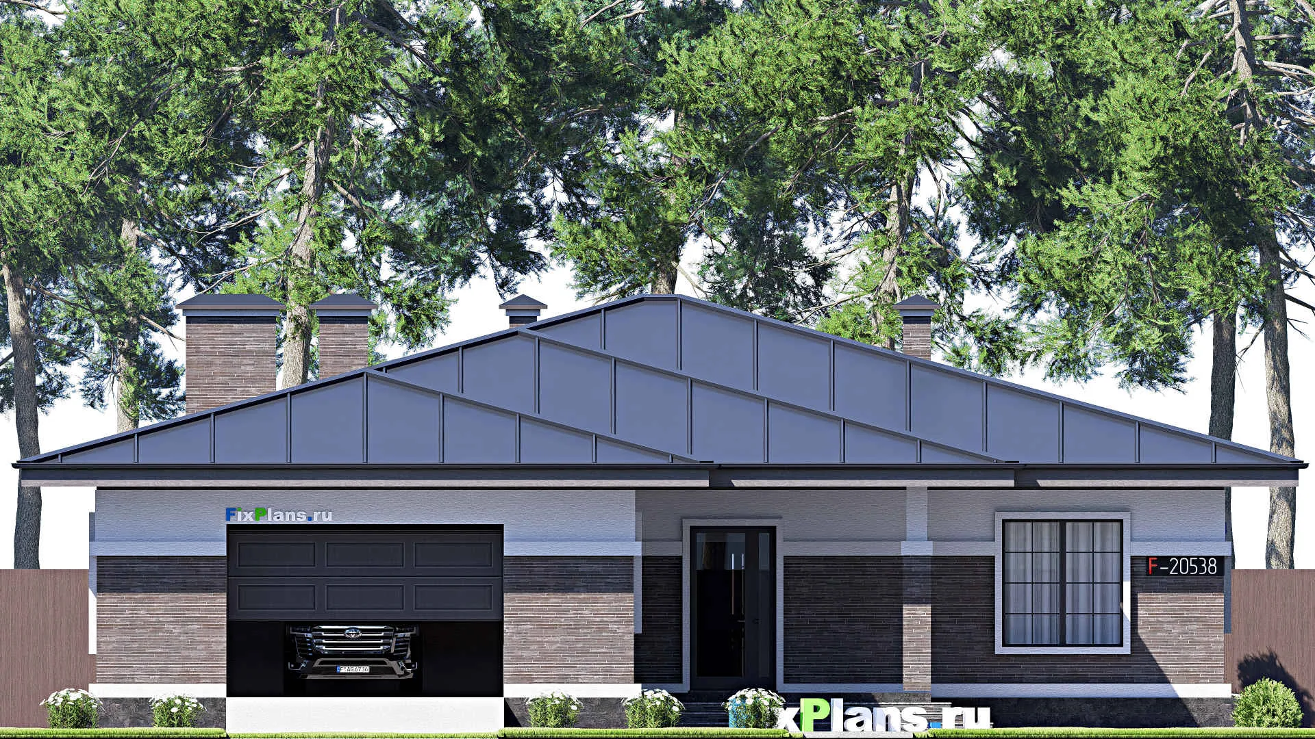 F-20528 - Проект одноэтажного дома 17 на 22, площадью 260 м² с террасой, гаражом на 2 машины и 3 спальнями