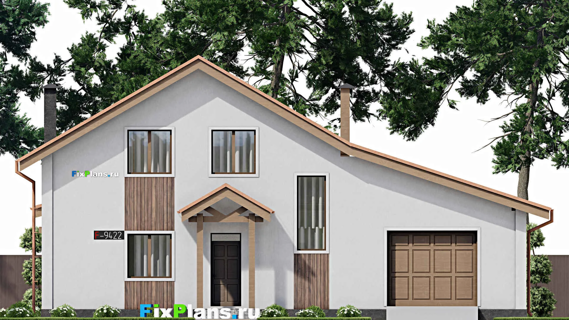 F-9422 - Проект дома с мансардой 15 на 16, площадью 220 м² с террасой, гаражом на 1 машину и 3 спальнями