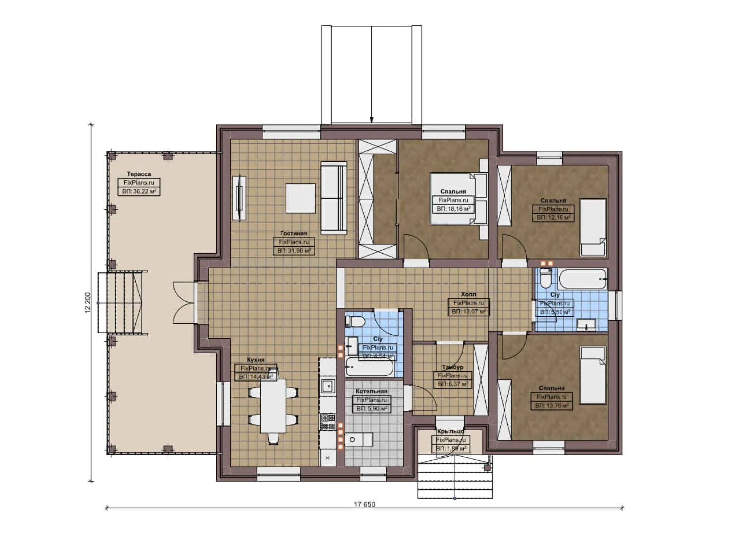 F-8711 - План одноэтажного дома 13 на 18, площадью 220 м² с террасой, цокольным этажом и 3 спальнями