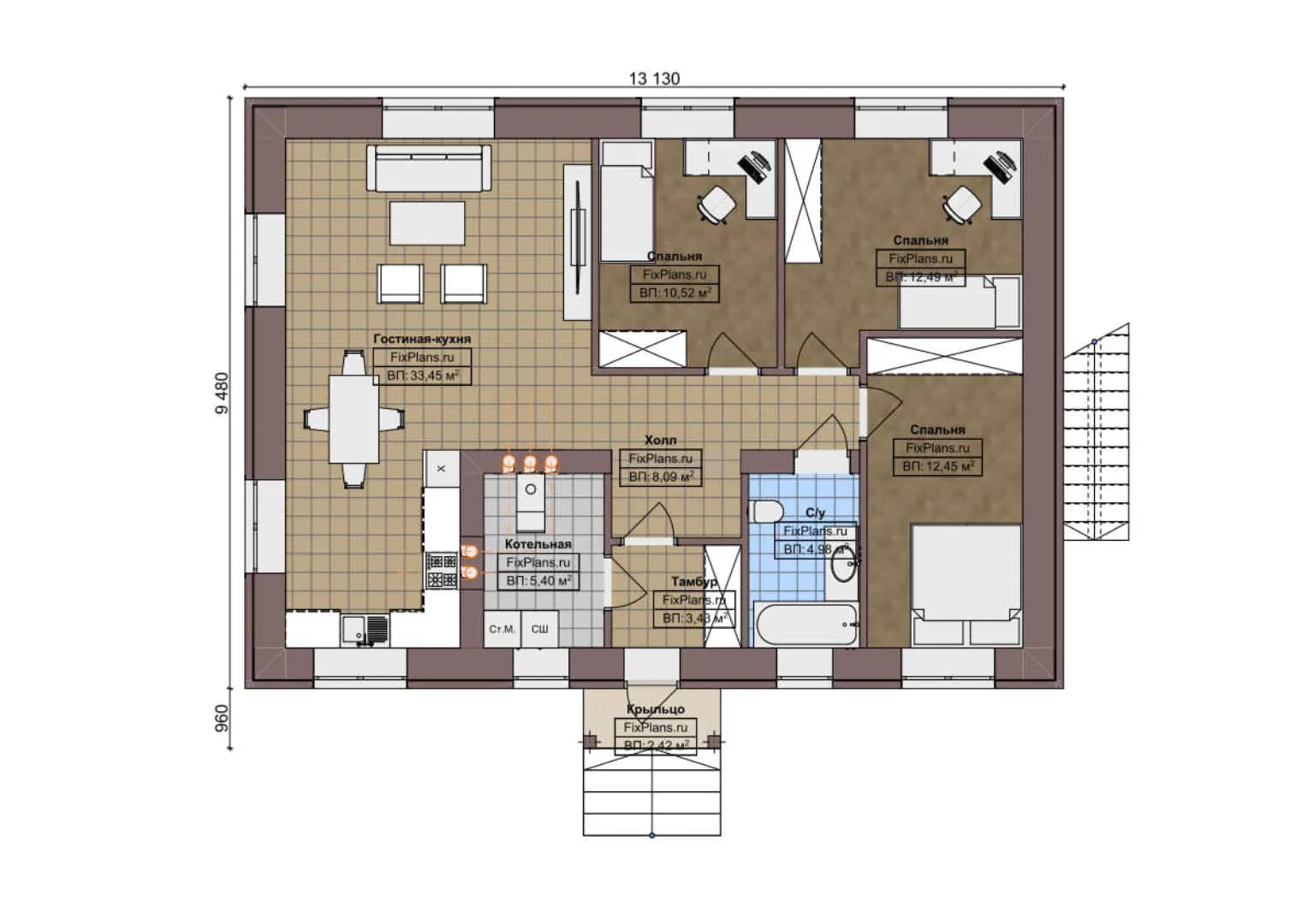 F-3770 - План одноэтажного дома 10 на 14, площадью 160 м² с цокольным этажом и 3 спальнями