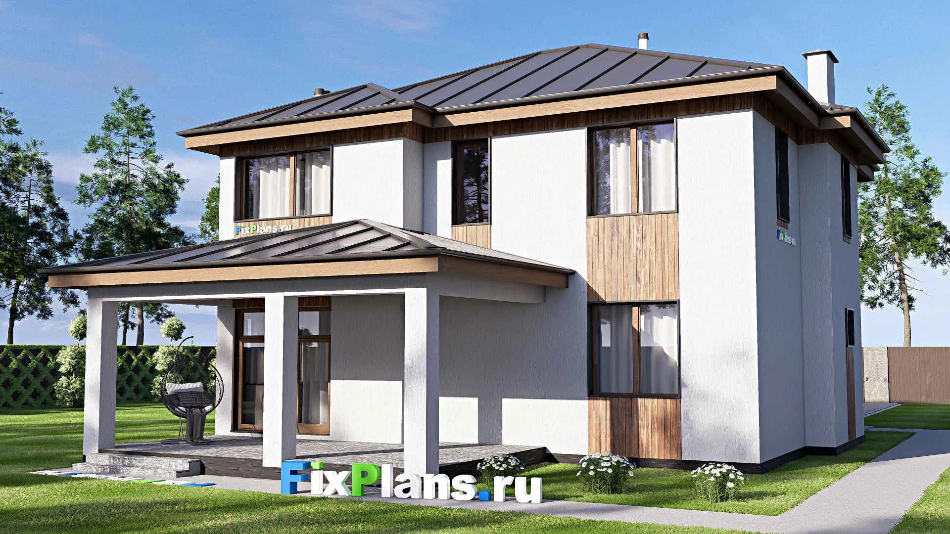 F-19655 - Проект двухэтажного дома 13 на 17, площадью 220 м² с террасой и 2 спальнями