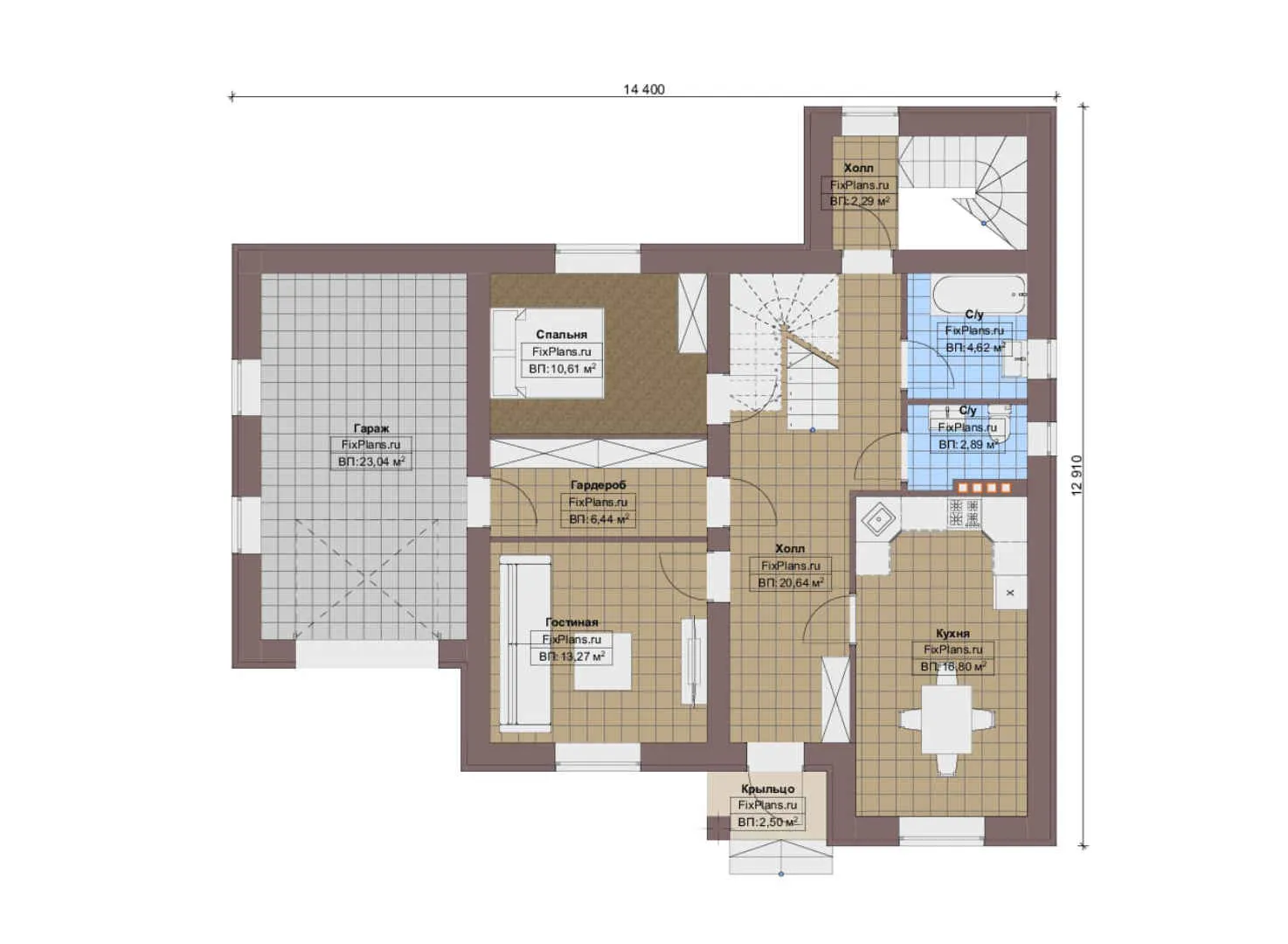 F-13148 - Планы дома с мансардой 13 на 15, площадью 230 м² с балконом, цокольным этажом, баней, гаражом на 1 машину и 2 спальнями