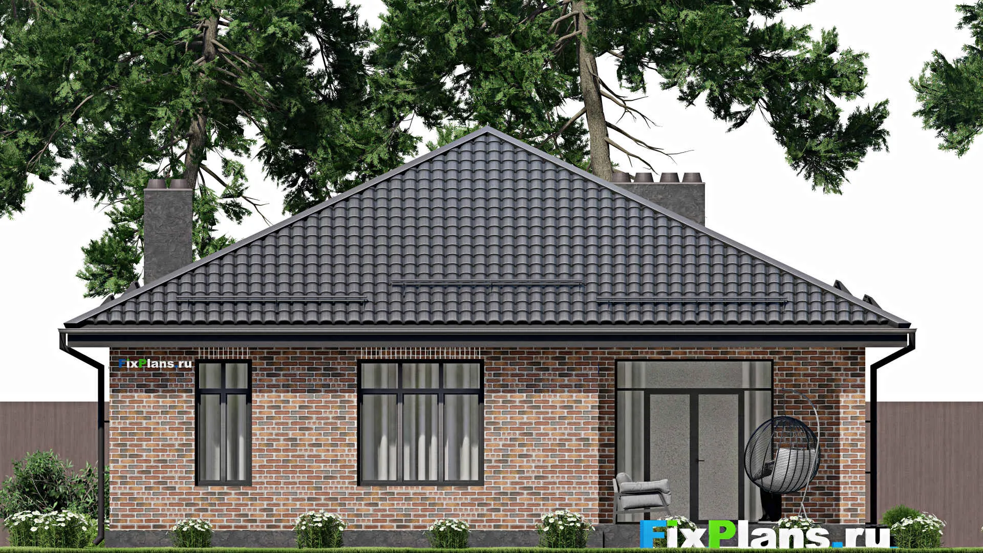 F-2879 - План одноэтажного дома 12 на 15, площадью 140 м² с террасой, баней и 2 спальнями