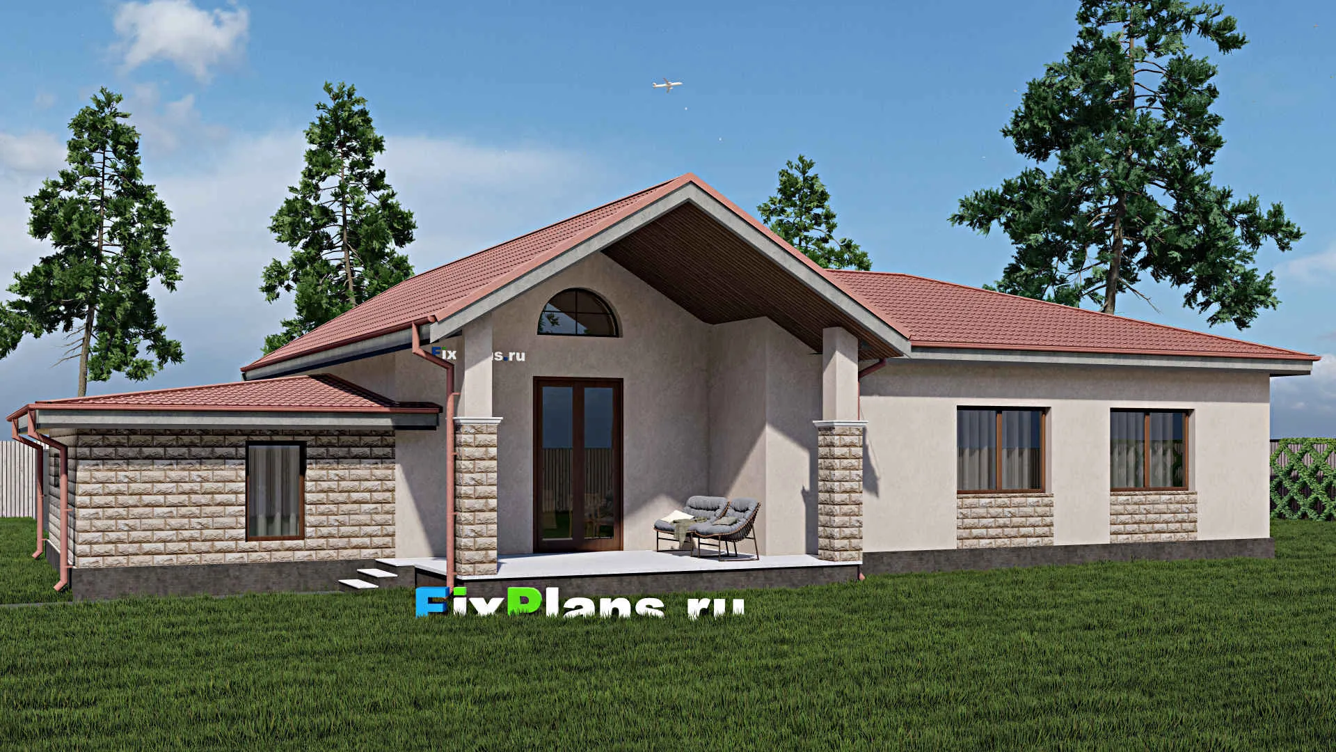 F-0539 - Проект одноэтажного дома 14 на 21, площадью 200 м² с террасой, гаражом на 1 машину и 3 спальнями