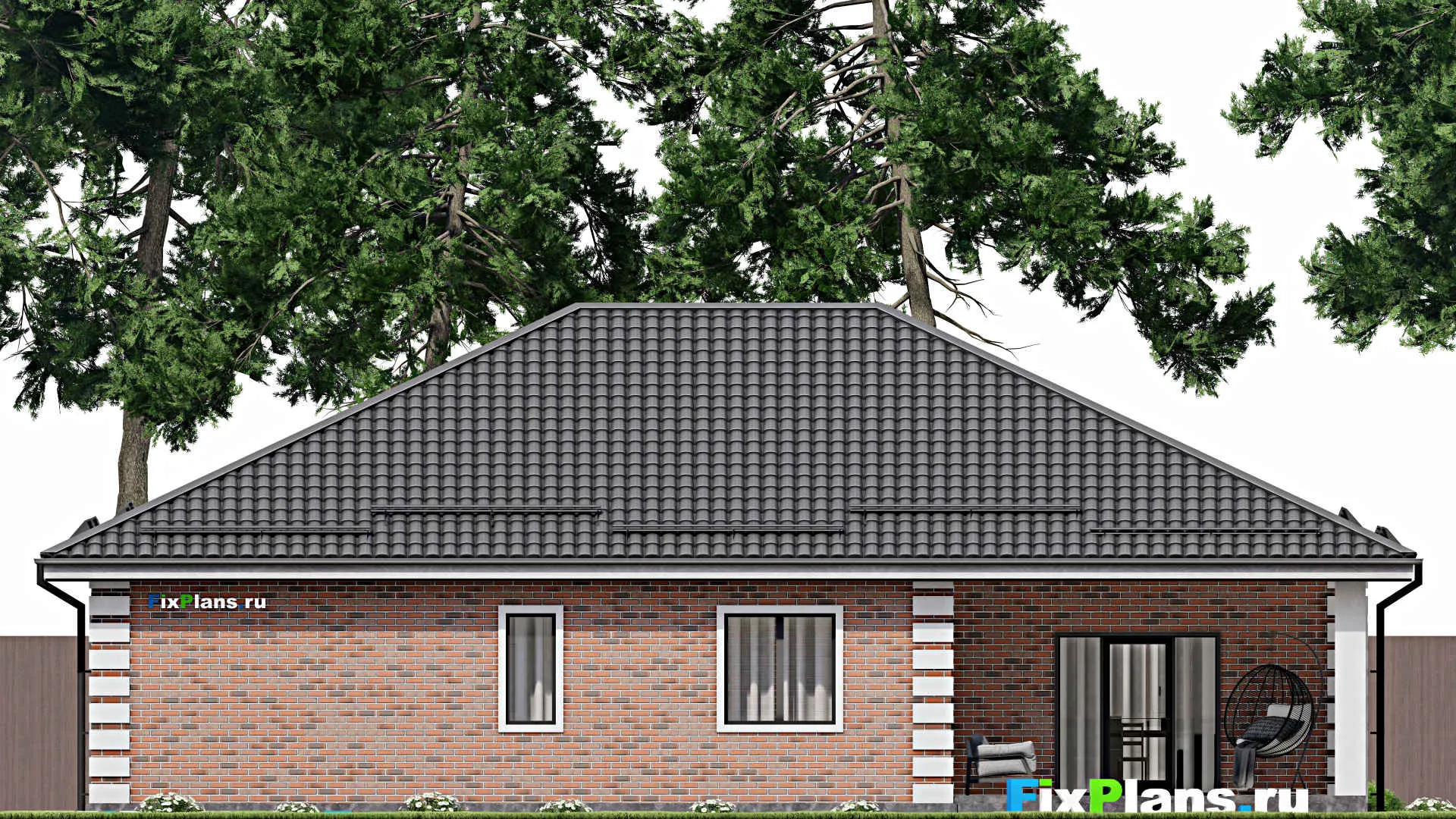 F-3365 - План одноэтажного дома 17 на 20, площадью 230 м² с террасой, гаражом на 2 машины и 3 спальнями