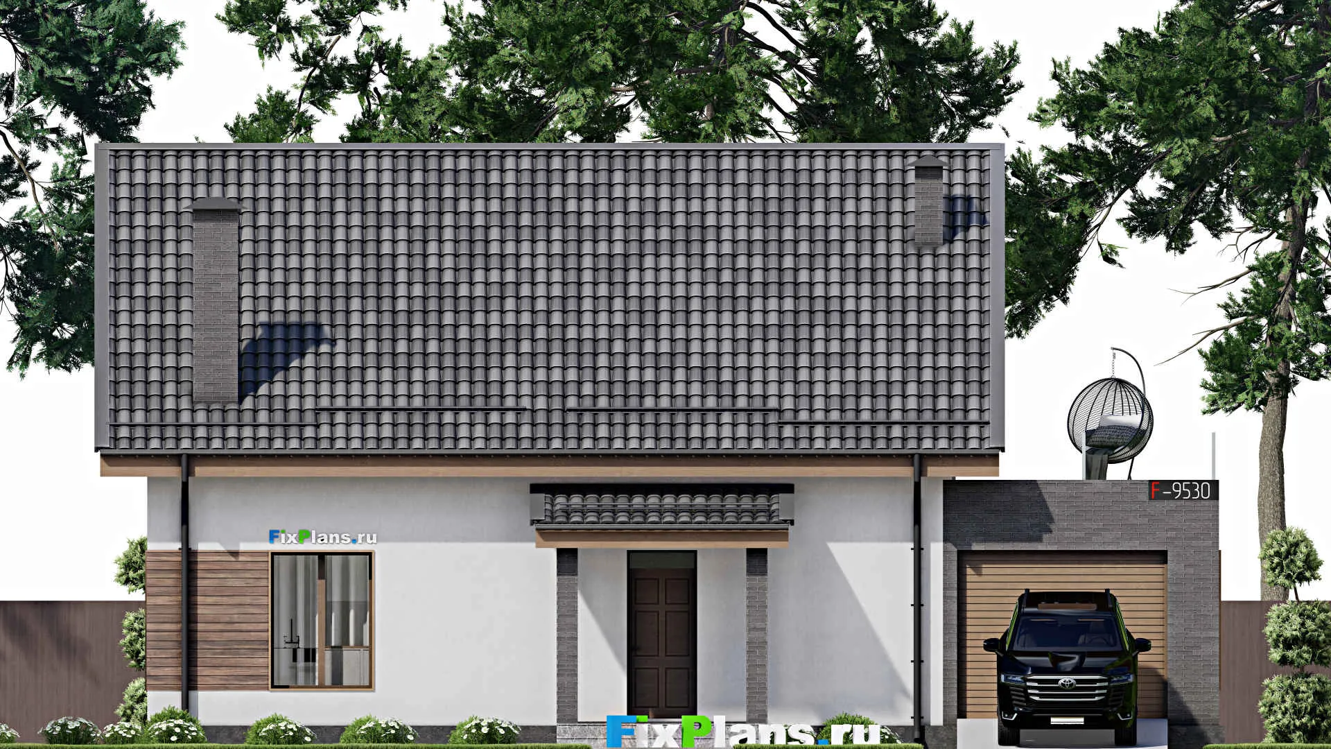 F-9530 - Проект дома с мансардой 14 на 16, площадью 260 м² с балконом, гаражом на 1 машину и 3 спальнями