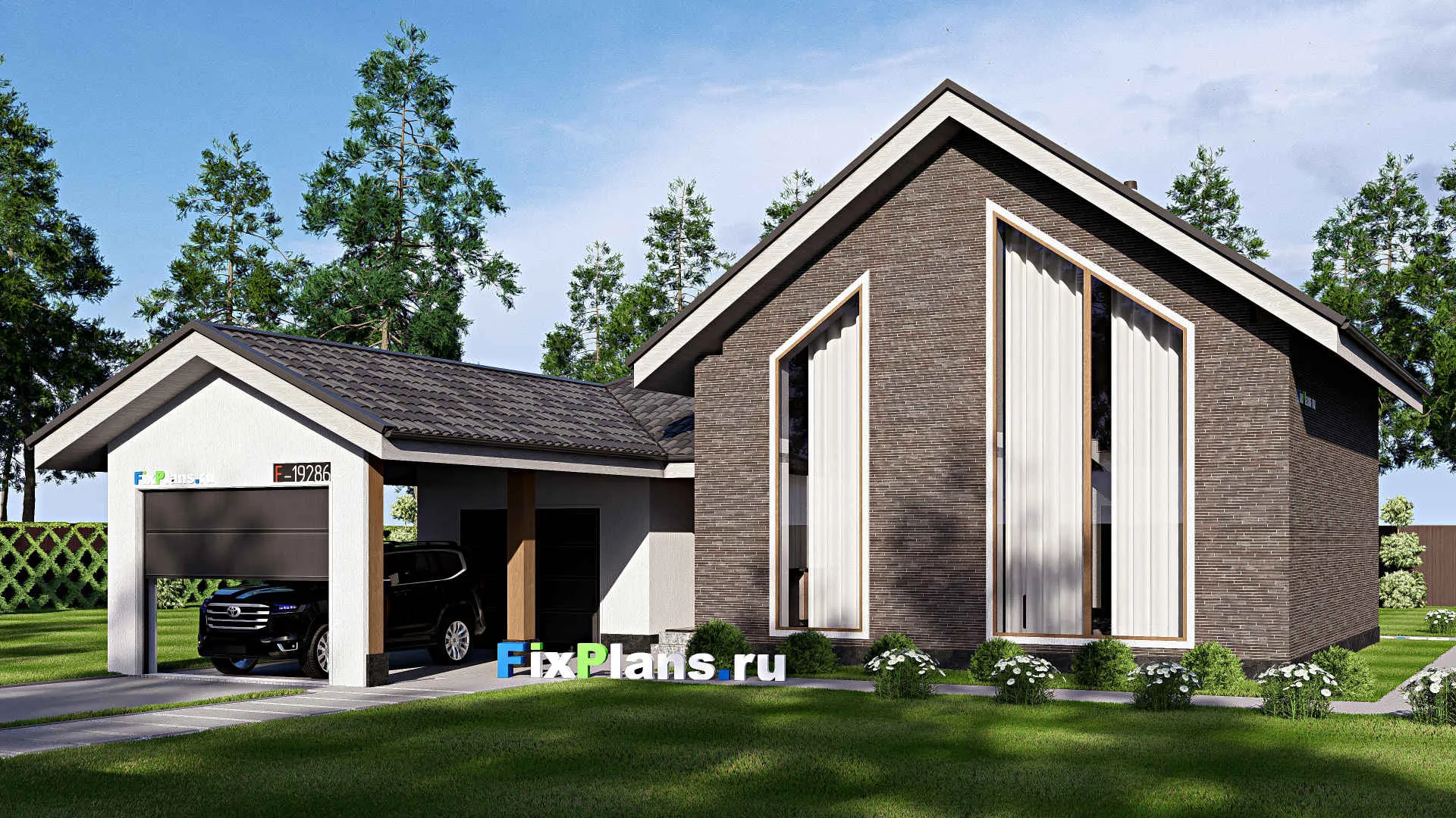F-19286 - Проект дома с мансардой 16 на 16, площадью 140 м² с гаражом на 1 машину и 2 спальнями