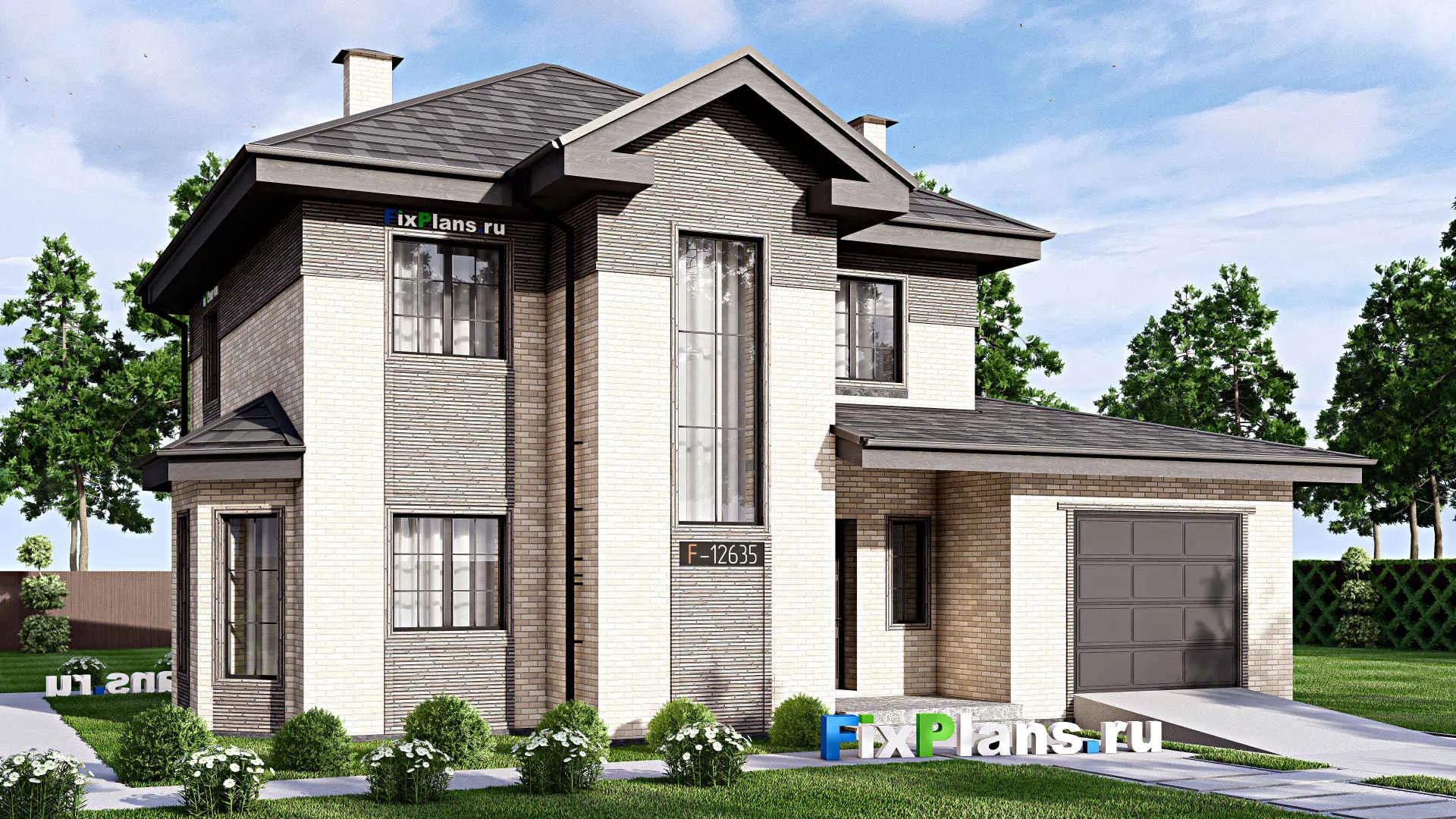 F-12635 - Проект двухэтажного дома 15 на 15, площадью 220 м² с террасой, баней, гаражом на 1 машину и 4 спальнями