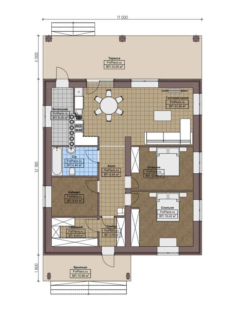 F-4922 - План одноэтажного дома 11 на 13, площадью 150 м² с террасой и 2 спальнями