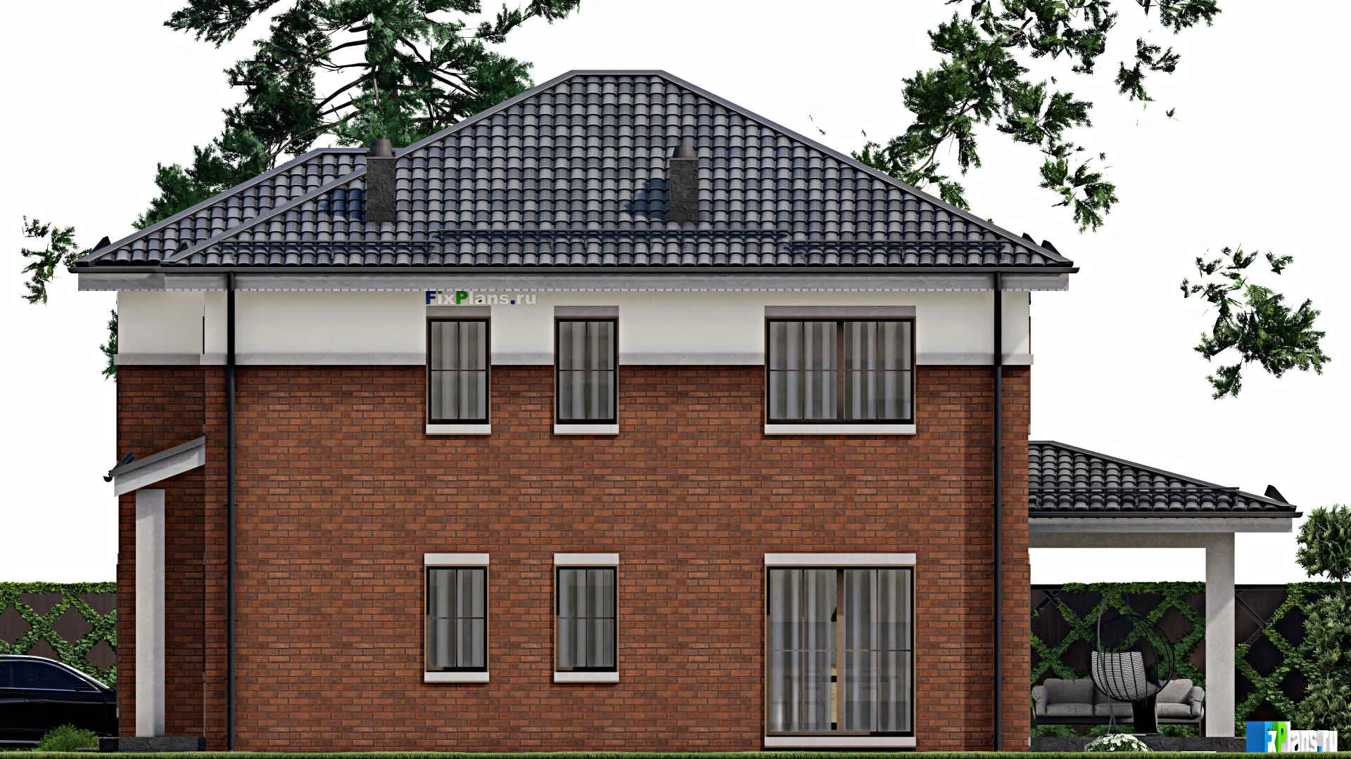 F-5714 - Проект двухэтажного дома 12 на 16, площадью 200 м² с террасой и 4 спальнями