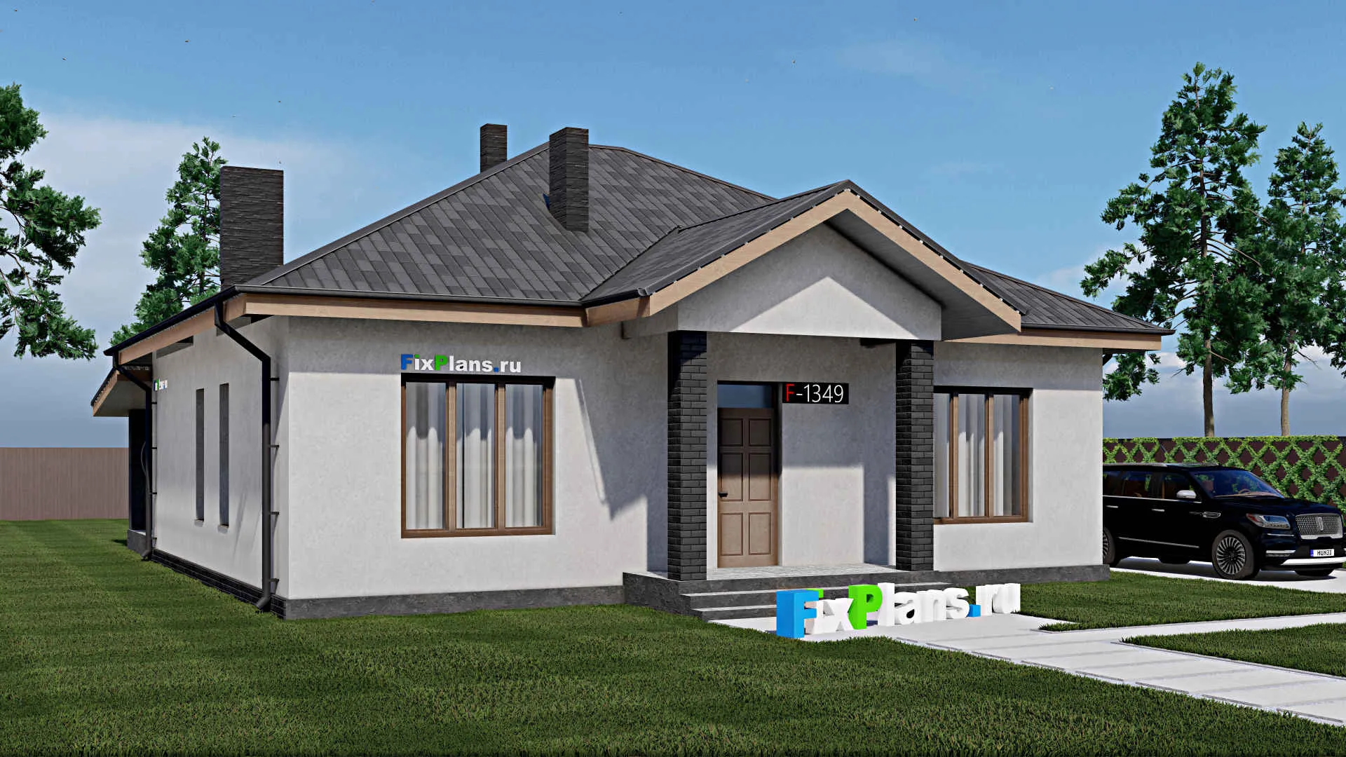 F-1349 - Проект одноэтажного дома 11 на 13, площадью 140 м² с террасой и 3 спальнями